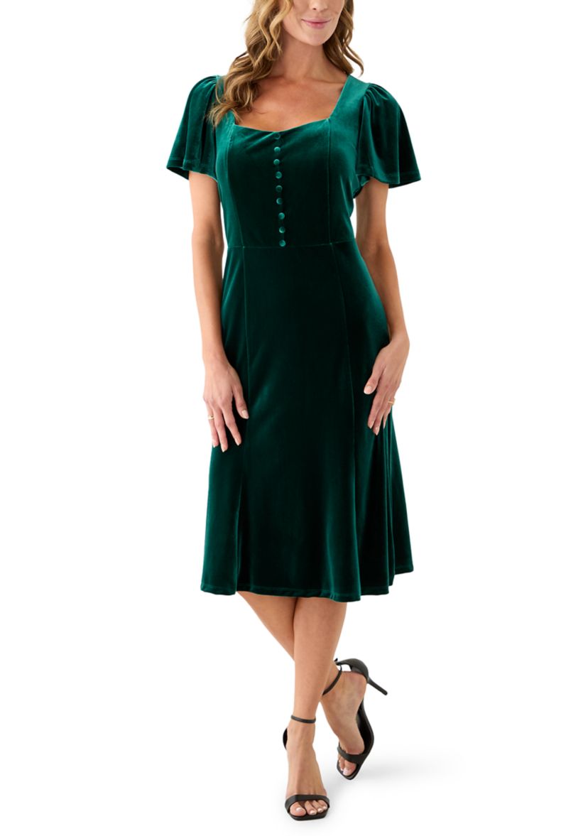 Womens Flared Flutter Sleeve Midi Dress