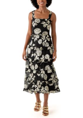 AK Anne Klein Women's Tiered Ruffle Midi Sleeveless Dress, Black, 2
