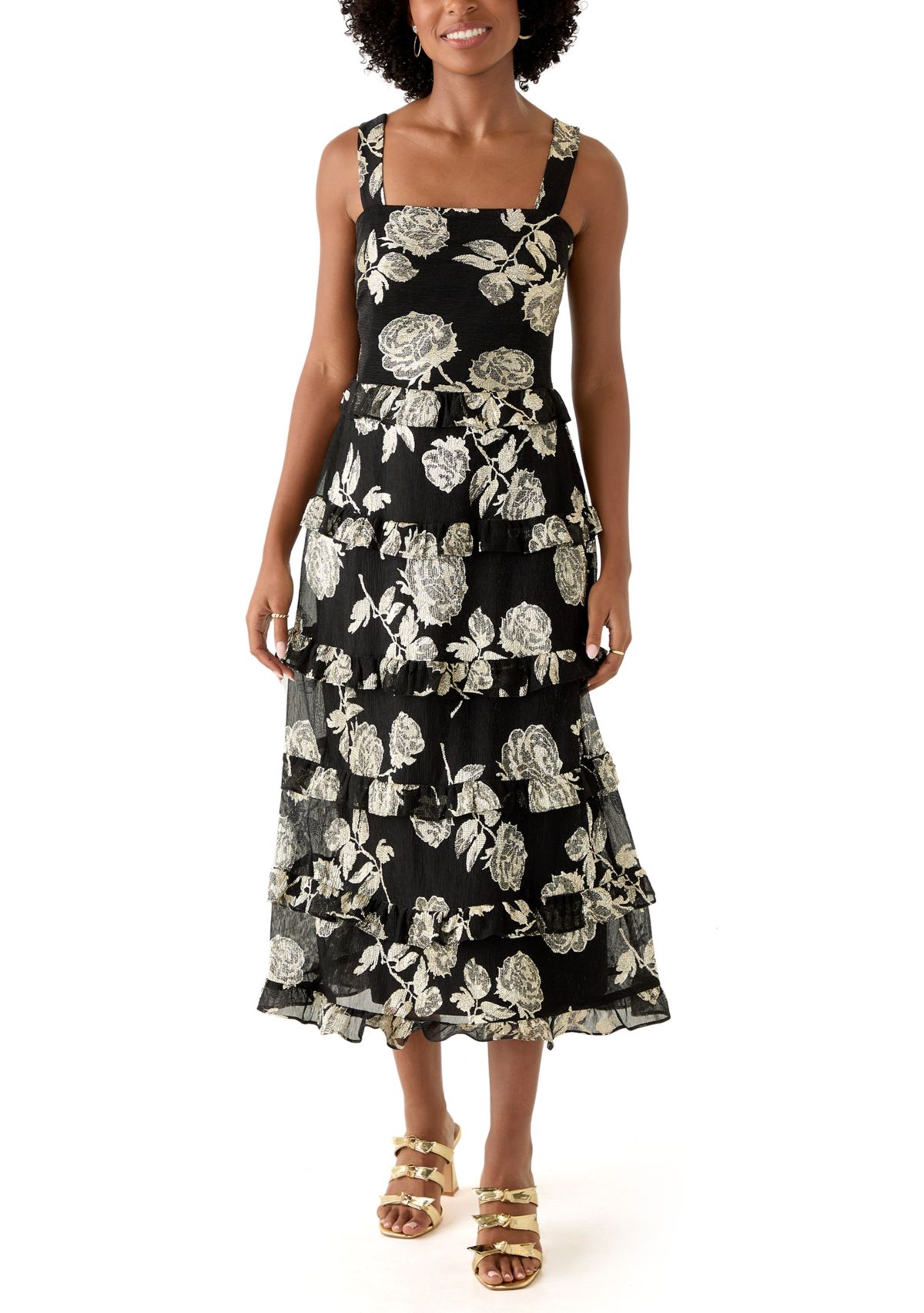 Womens Tiered Ruffle Midi Sleeveless Dress