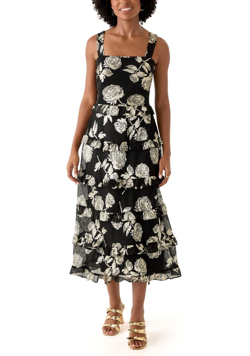 Womens Tiered Ruffle Midi Sleeveless Dress