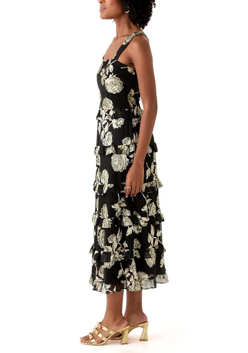 Womens Tiered Ruffle Midi Sleeveless Dress