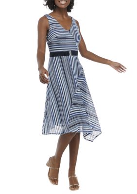 Sleeveless Belted V-Neck Striped Dress