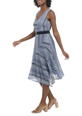 Sleeveless Belted V-Neck Striped Dress