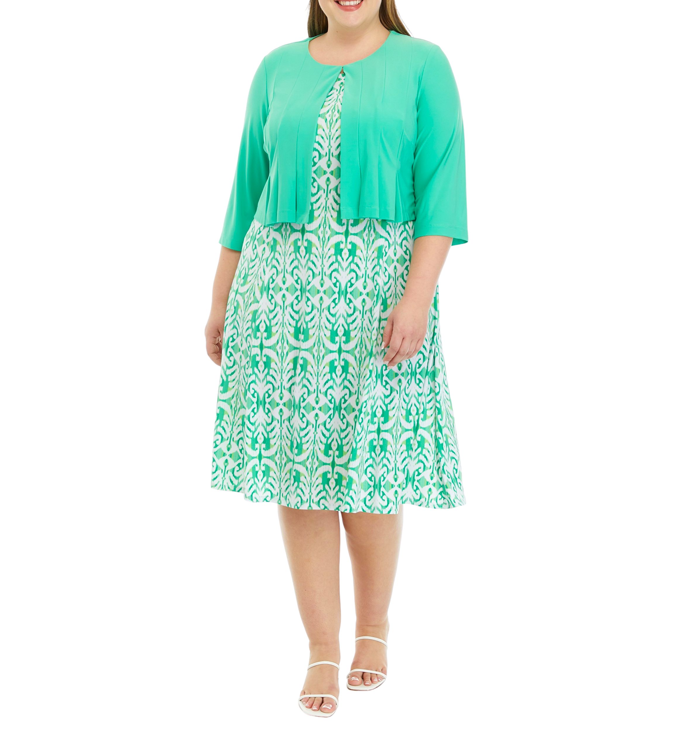Plus Size 3/4 Solid Sleeve Jacket with Printed Fit and Flare Dress