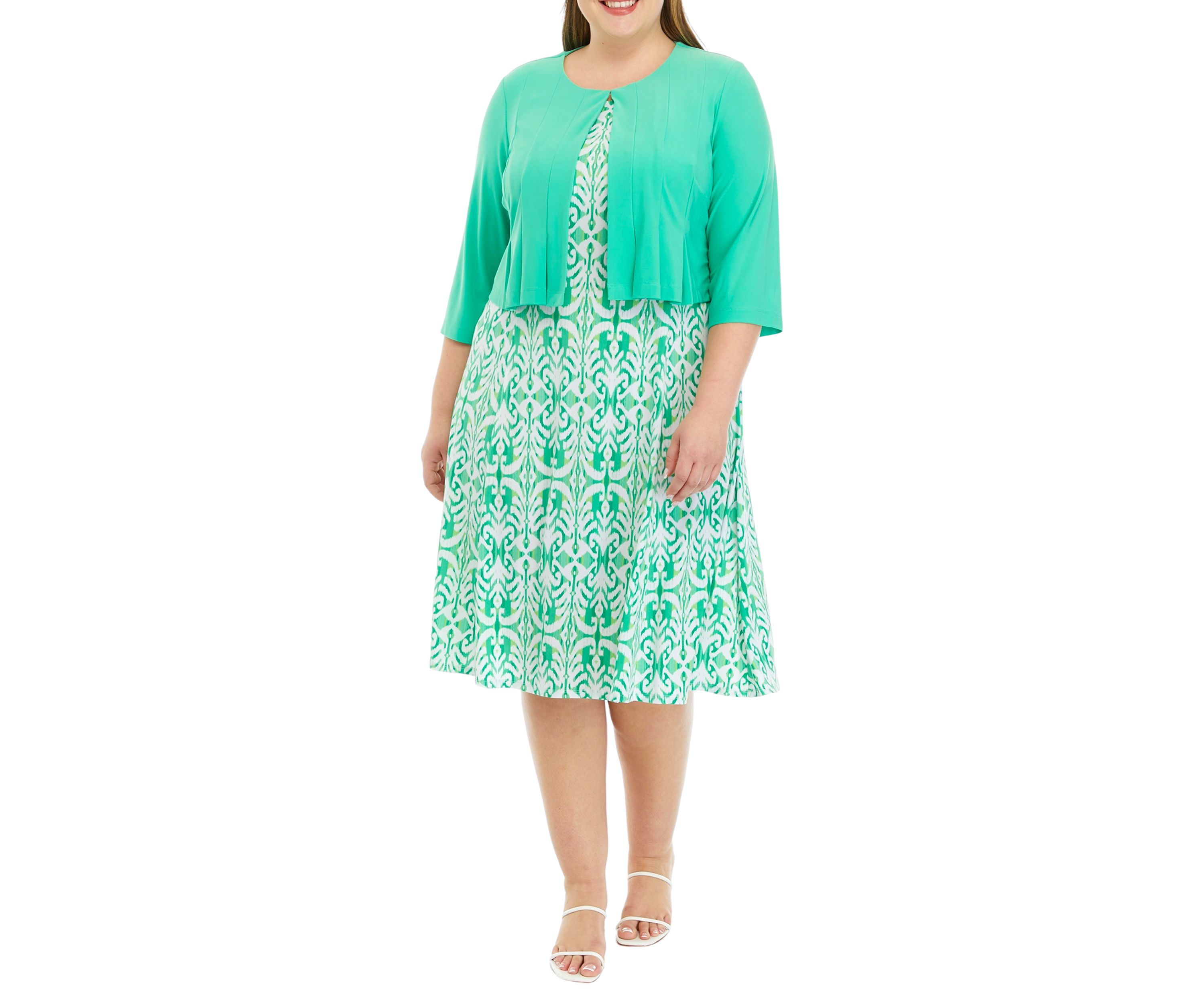 Plus Size 3/4 Solid Sleeve Jacket with Printed Fit and Flare Dress