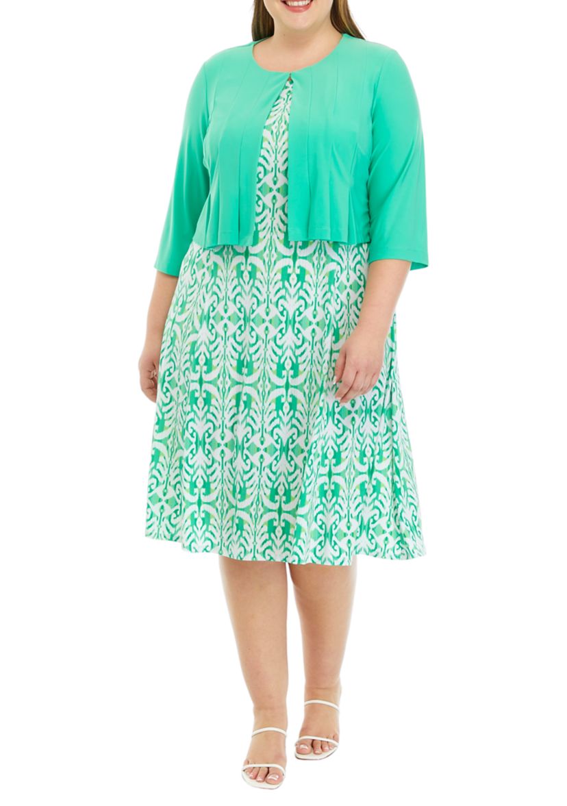 Plus Size 3/4 Solid Sleeve Jacket with Printed Fit and Flare Dress
