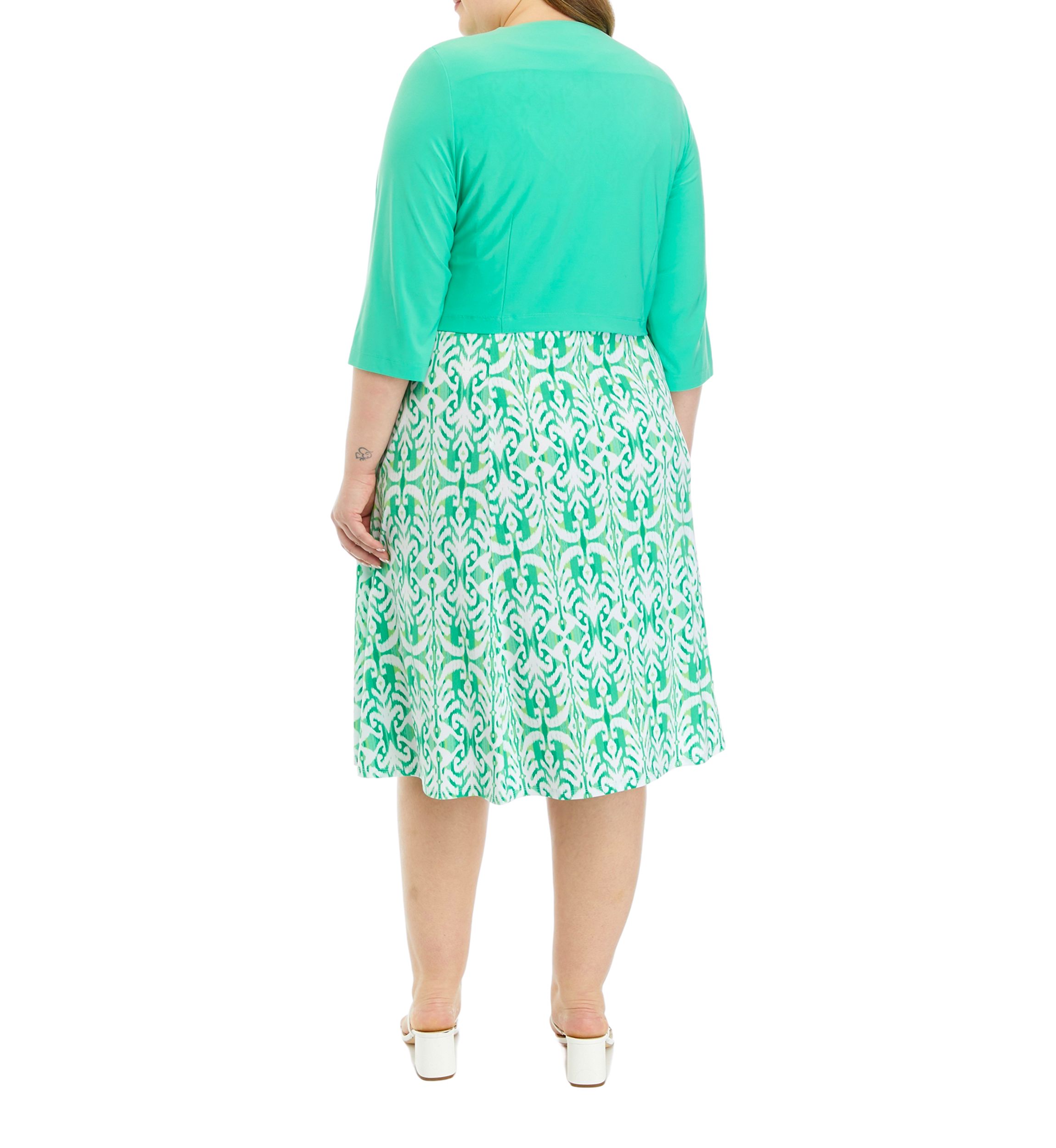 Plus Size 3/4 Solid Sleeve Jacket with Printed Fit and Flare Dress