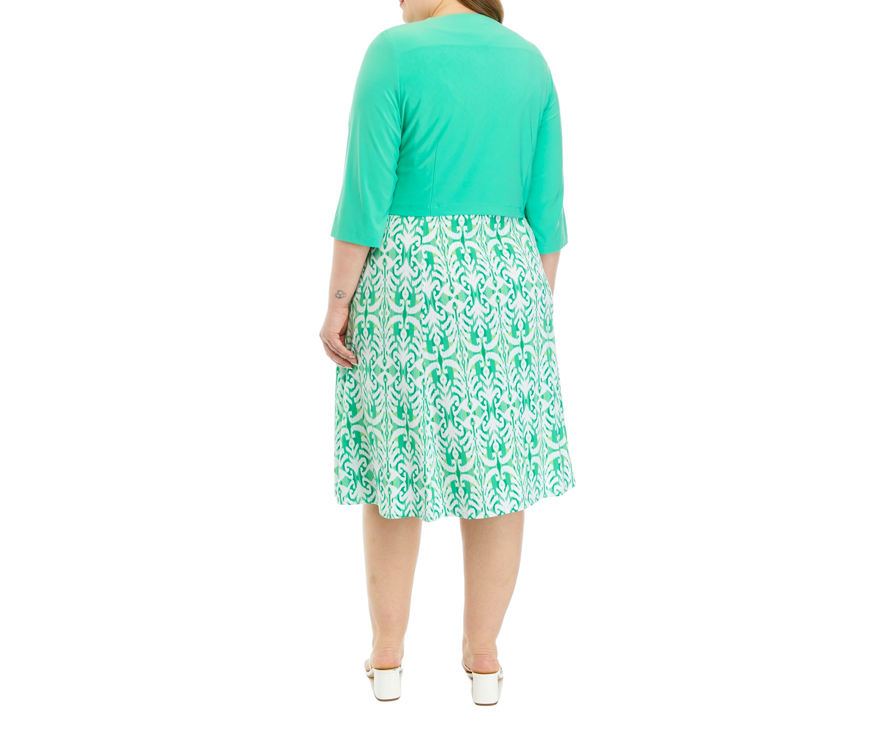 Plus Size 3/4 Solid Sleeve Jacket with Printed Fit and Flare Dress