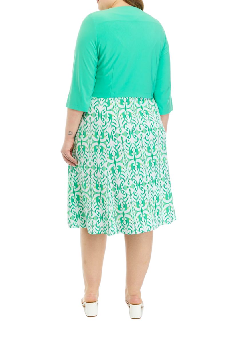 Plus Size 3/4 Solid Sleeve Jacket with Printed Fit and Flare Dress