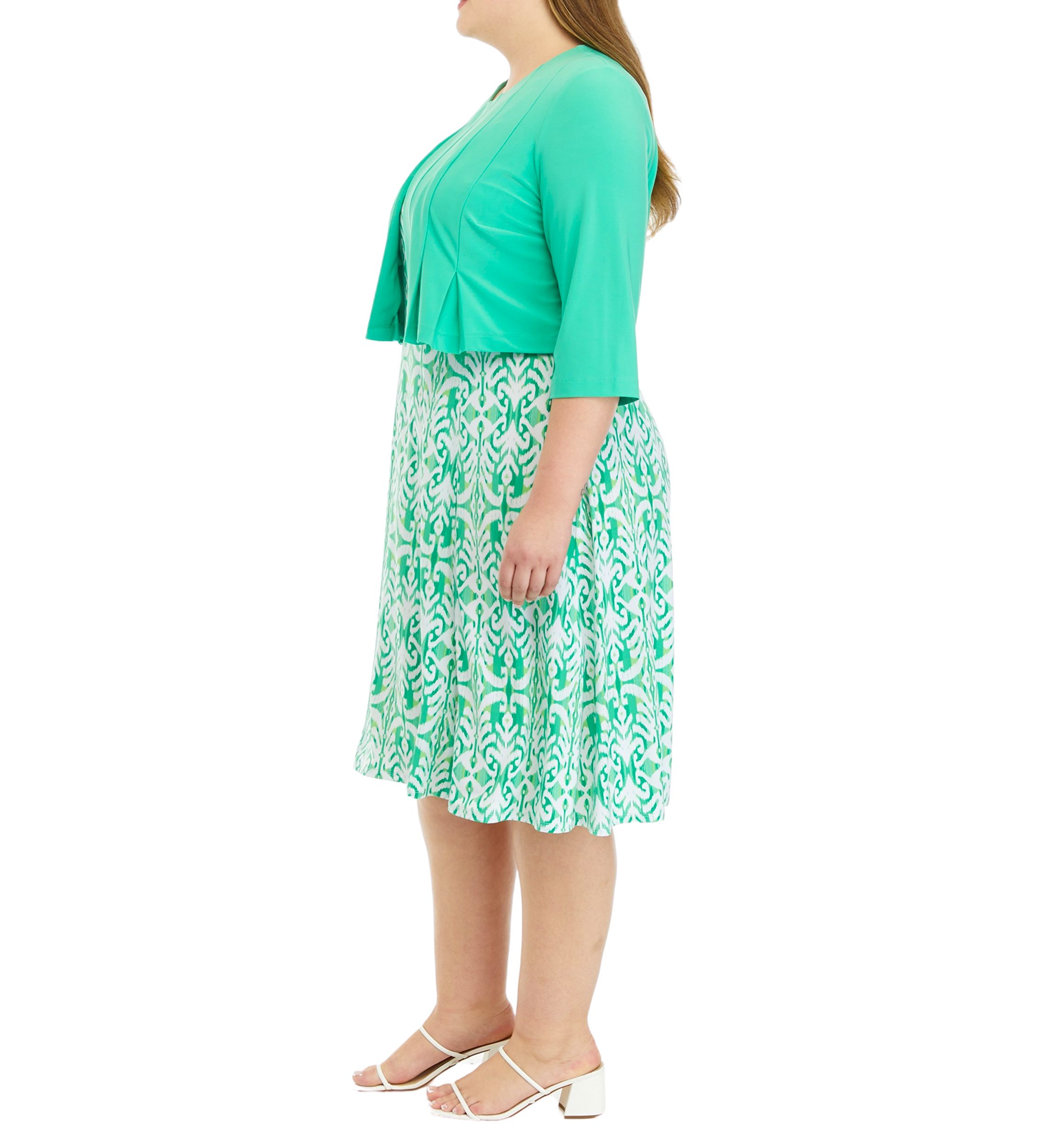 Plus Size 3/4 Solid Sleeve Jacket with Printed Fit and Flare Dress
