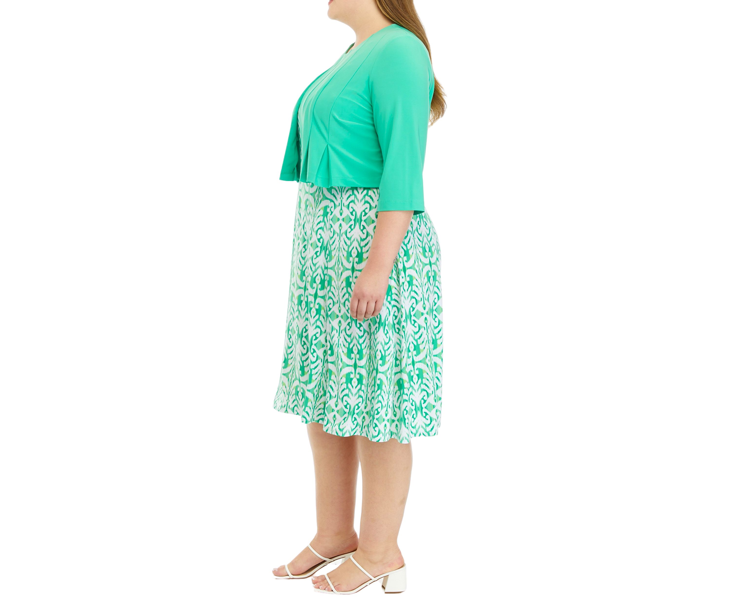 Plus Size 3/4 Solid Sleeve Jacket with Printed Fit and Flare Dress