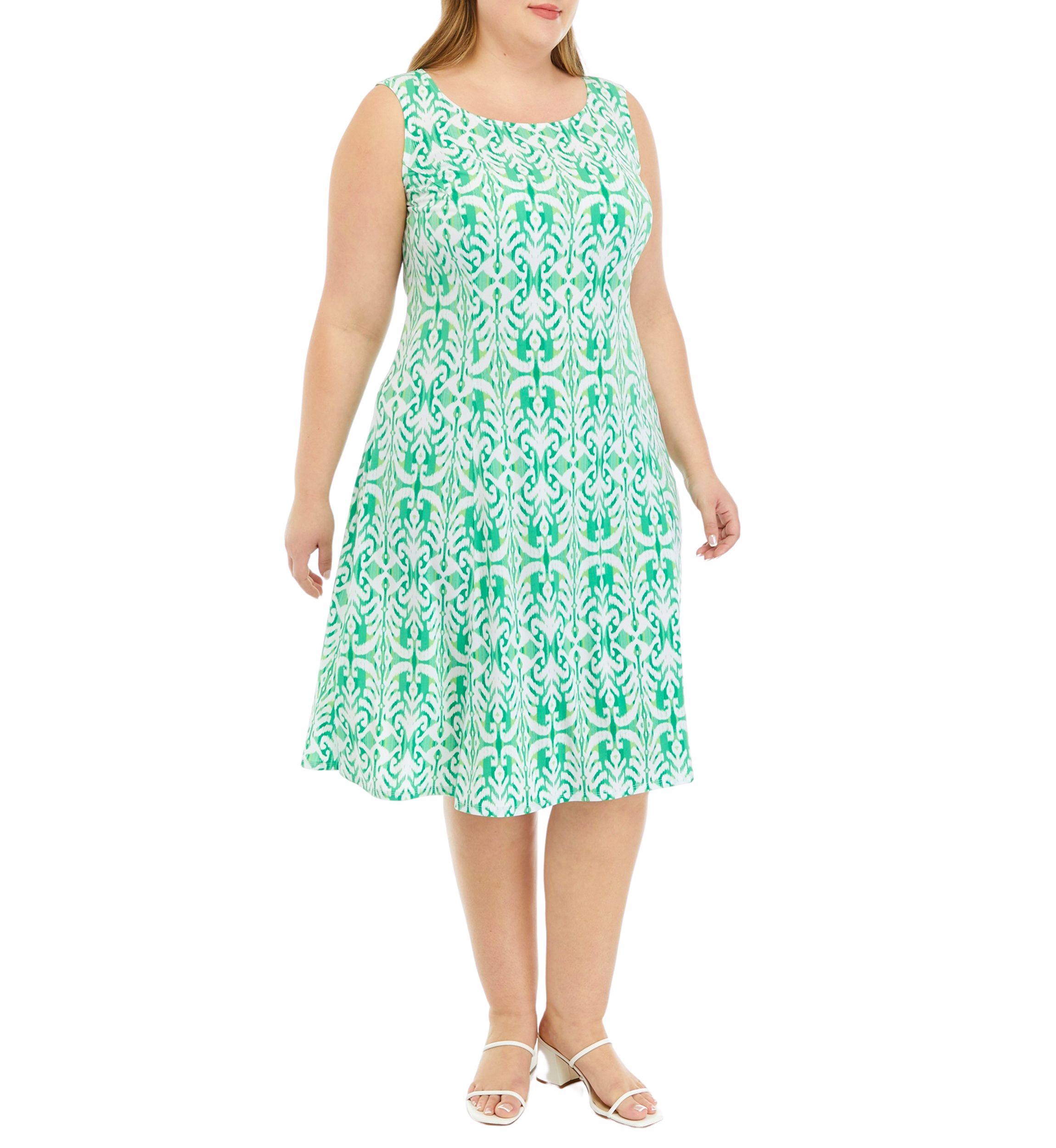 Plus Size 3/4 Solid Sleeve Jacket with Printed Fit and Flare Dress