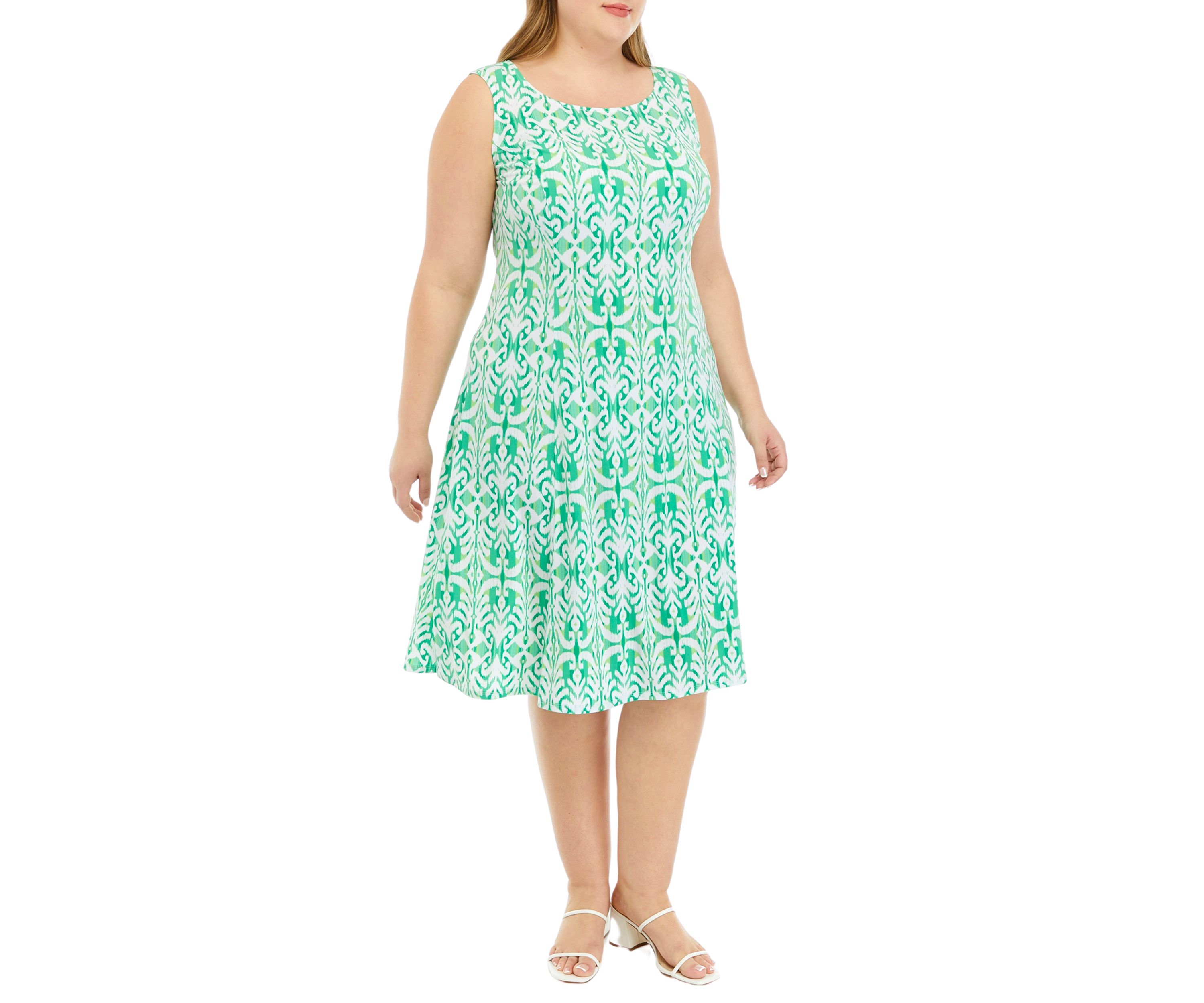 Plus Size 3/4 Solid Sleeve Jacket with Printed Fit and Flare Dress