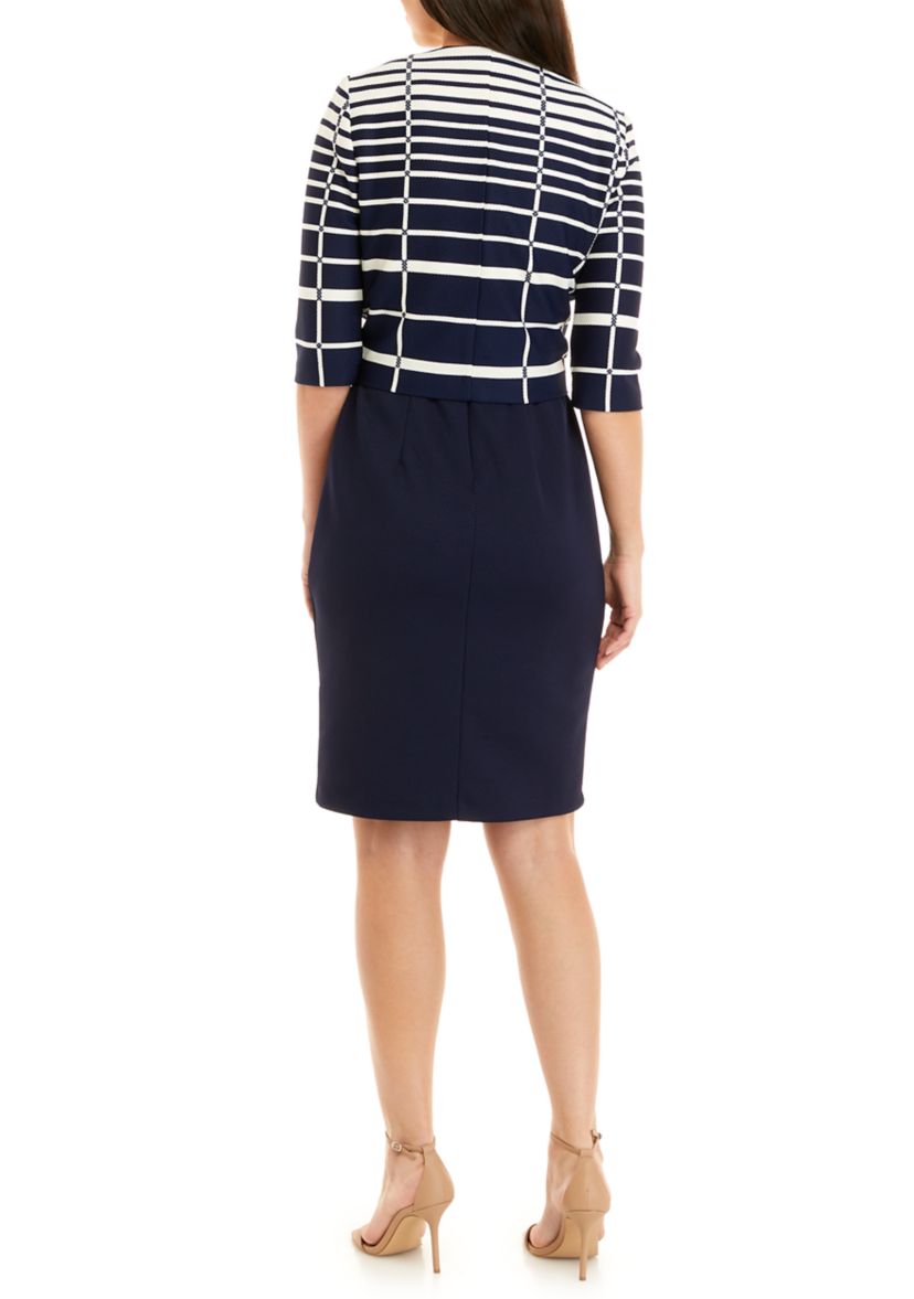 Womens 3/4 Sleeve Grid Print Textured Knit Structured Sheath Jacket Dress