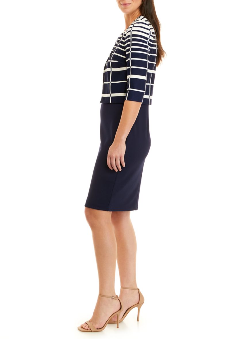 Womens 3/4 Sleeve Grid Print Textured Knit Structured Sheath Jacket Dress