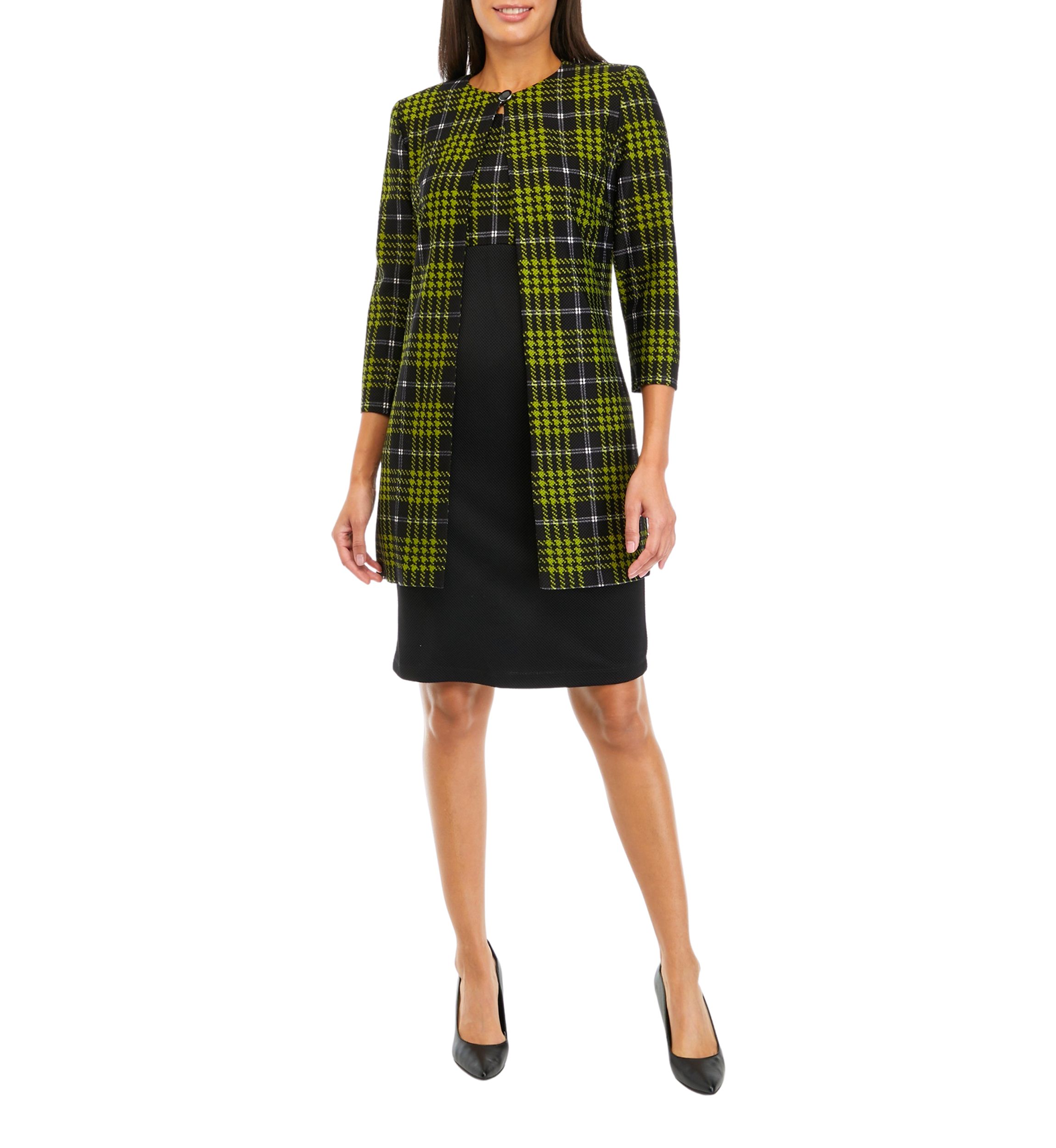 Womens 3/4 Sleeve Plaid Textured Knit Lab Jacket Dress