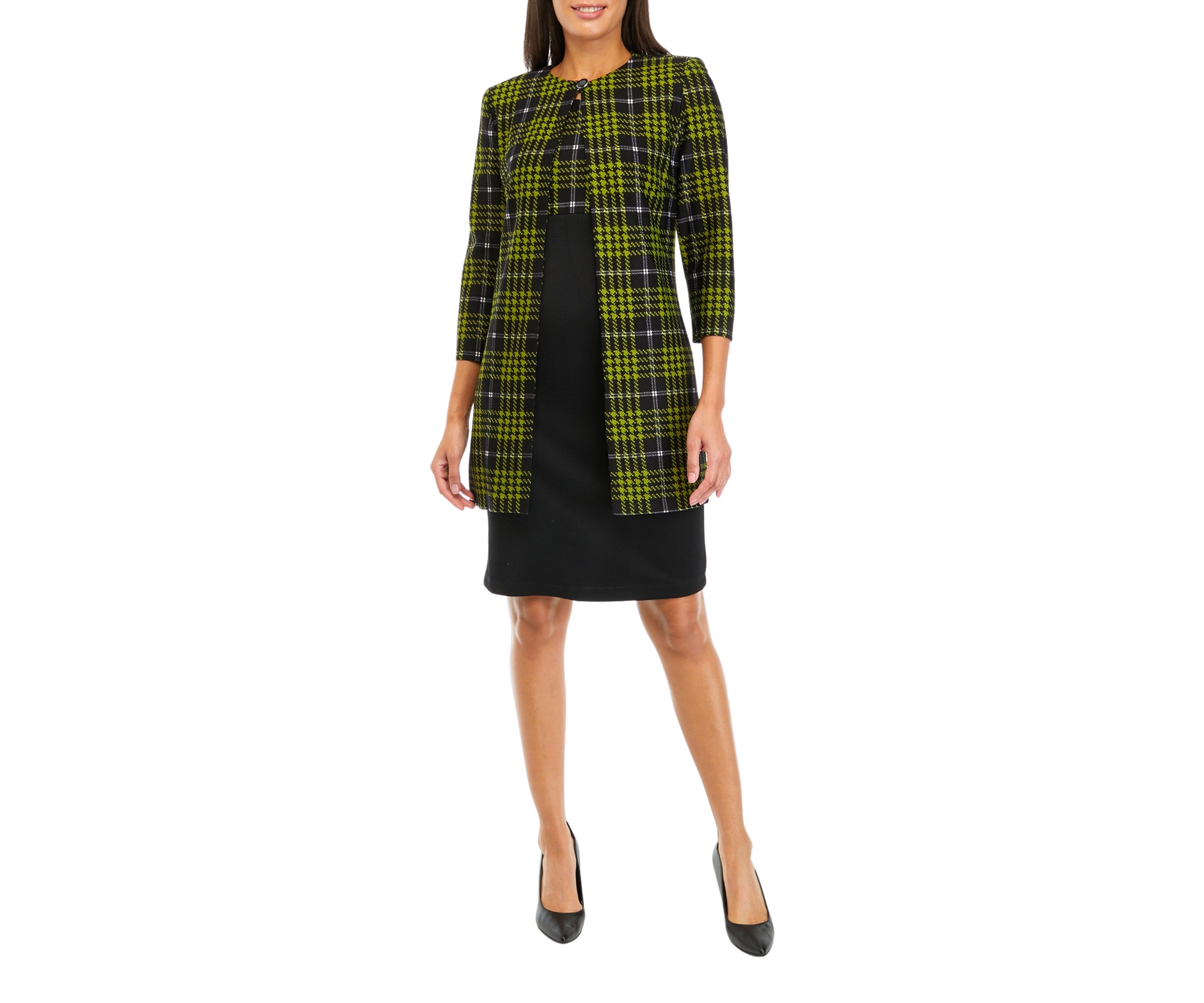 Womens 3/4 Sleeve Plaid Textured Knit Lab Jacket Dress