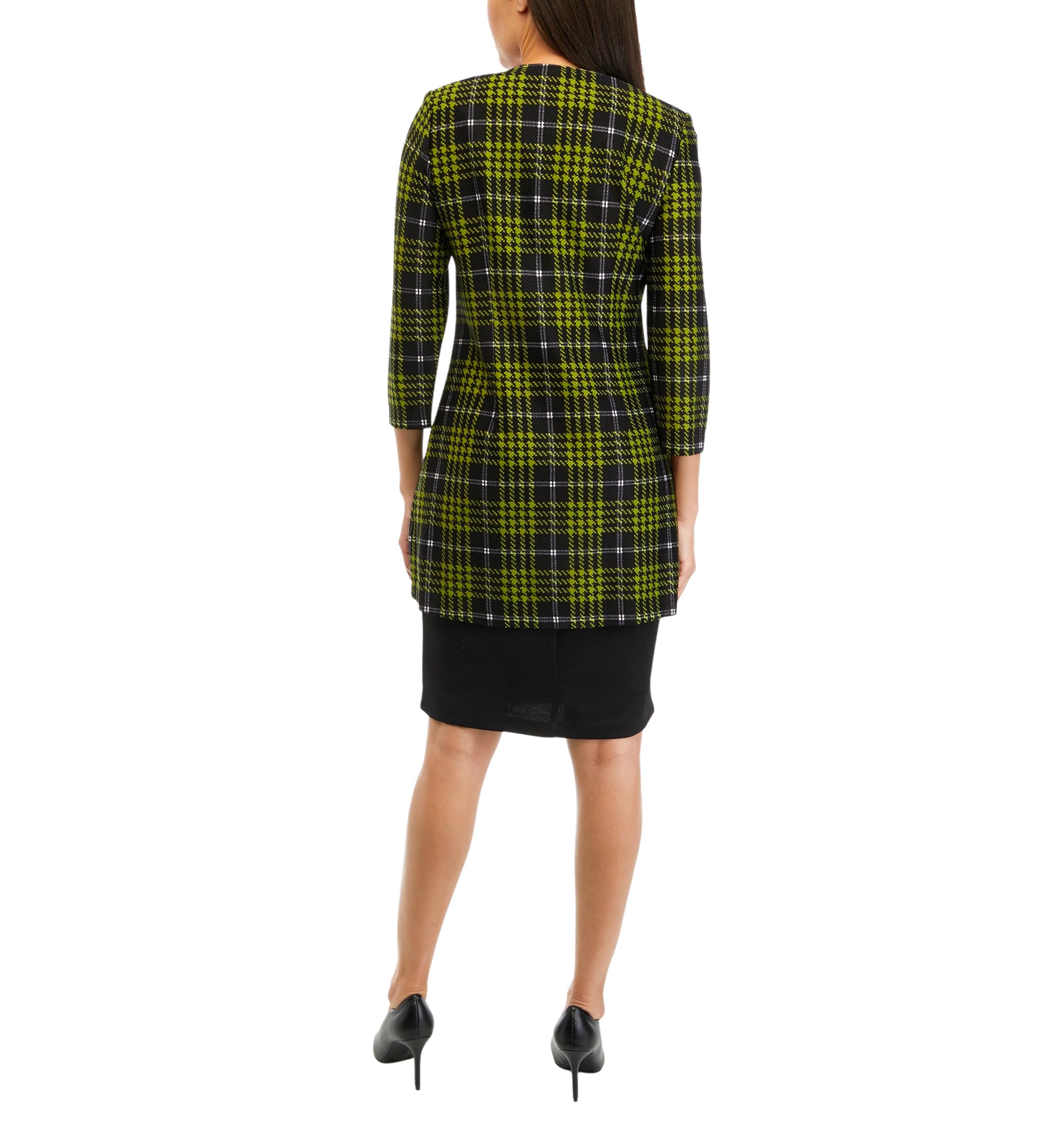 Womens 3/4 Sleeve Plaid Textured Knit Lab Jacket Dress