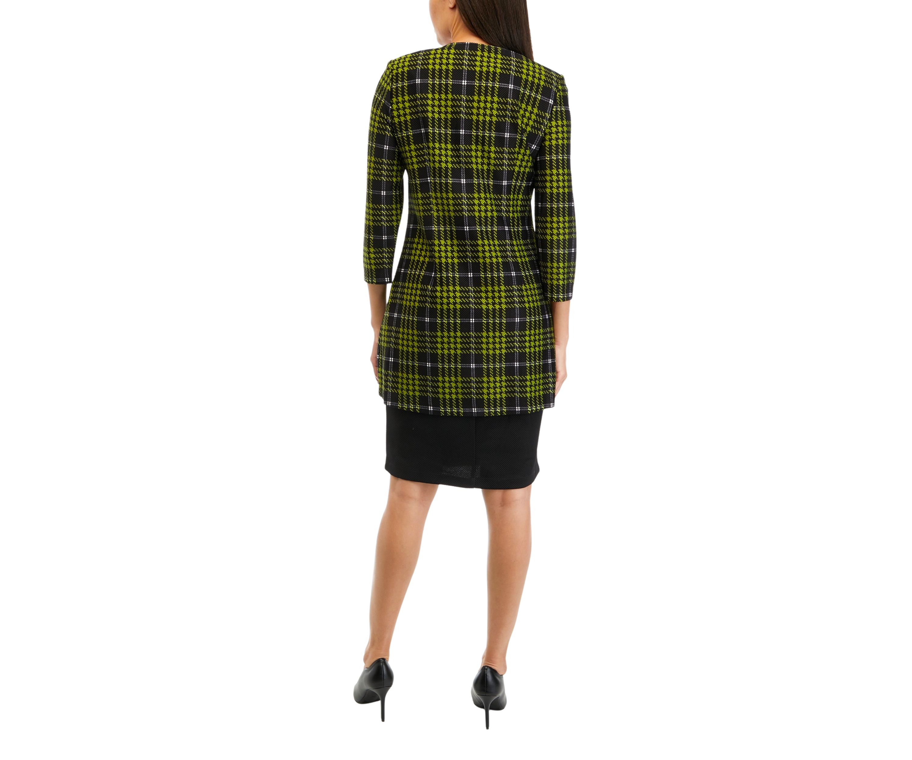 Womens 3/4 Sleeve Plaid Textured Knit Lab Jacket Dress