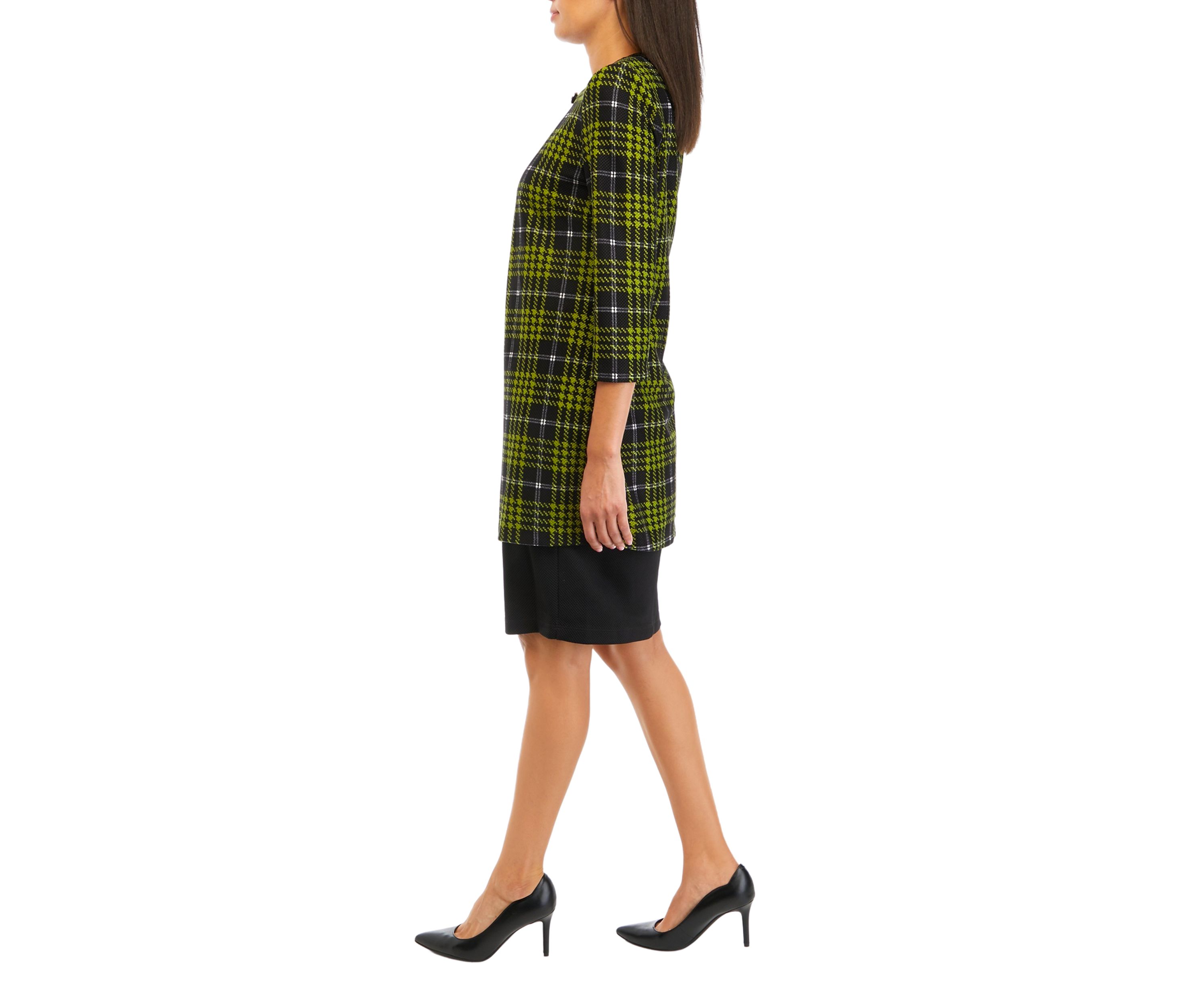 Womens 3/4 Sleeve Plaid Textured Knit Lab Jacket Dress