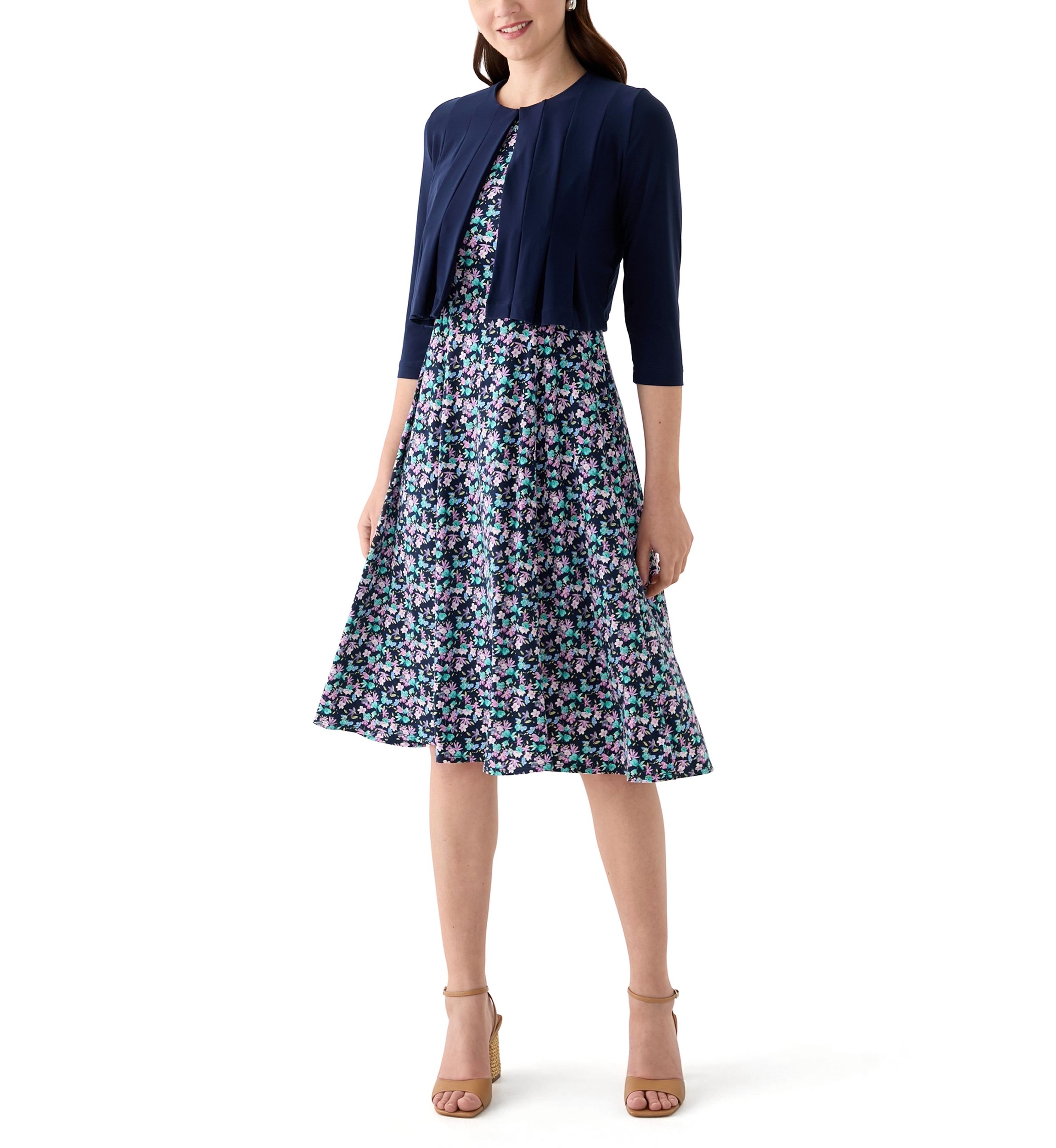 Womens Ditsy Floral Dress with Solid Jacket