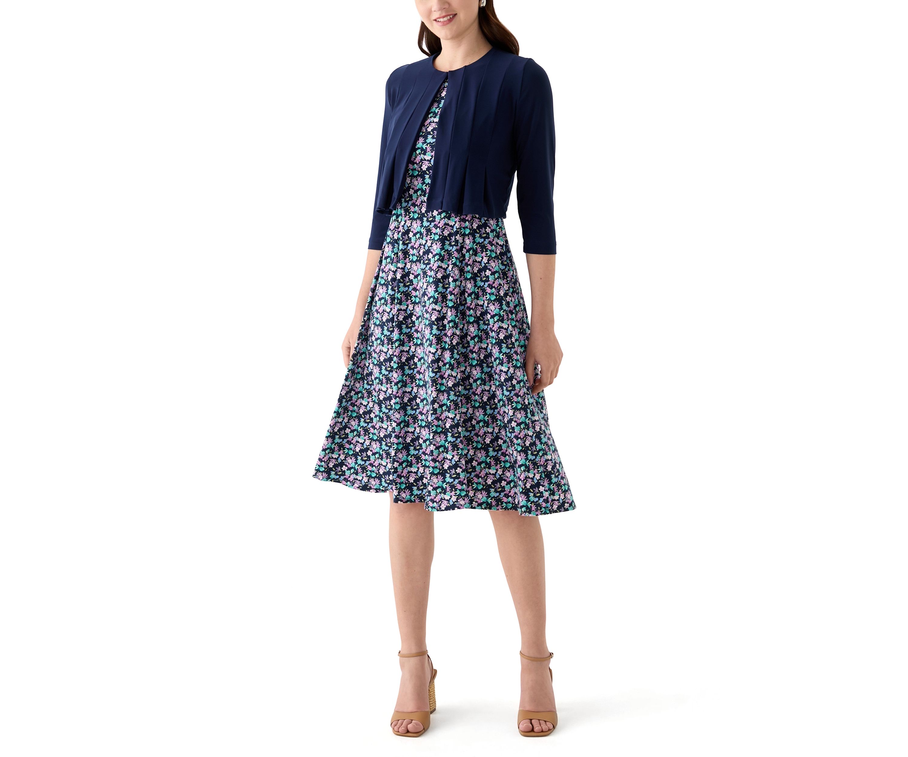 Womens Ditsy Floral Dress with Solid Jacket
