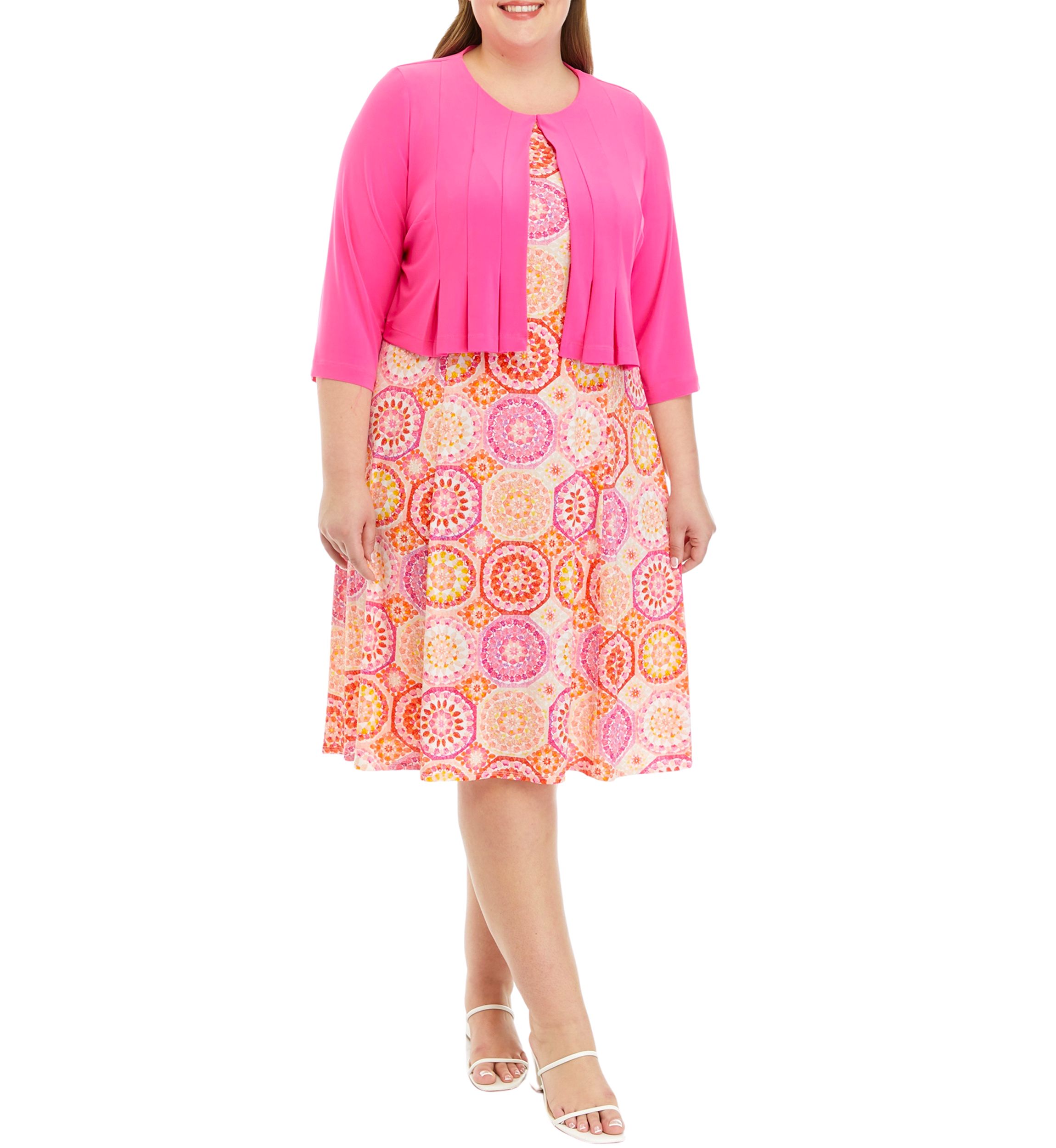 Plus Size 3/4 Sleeve Abstract Print Dress with Jacket
