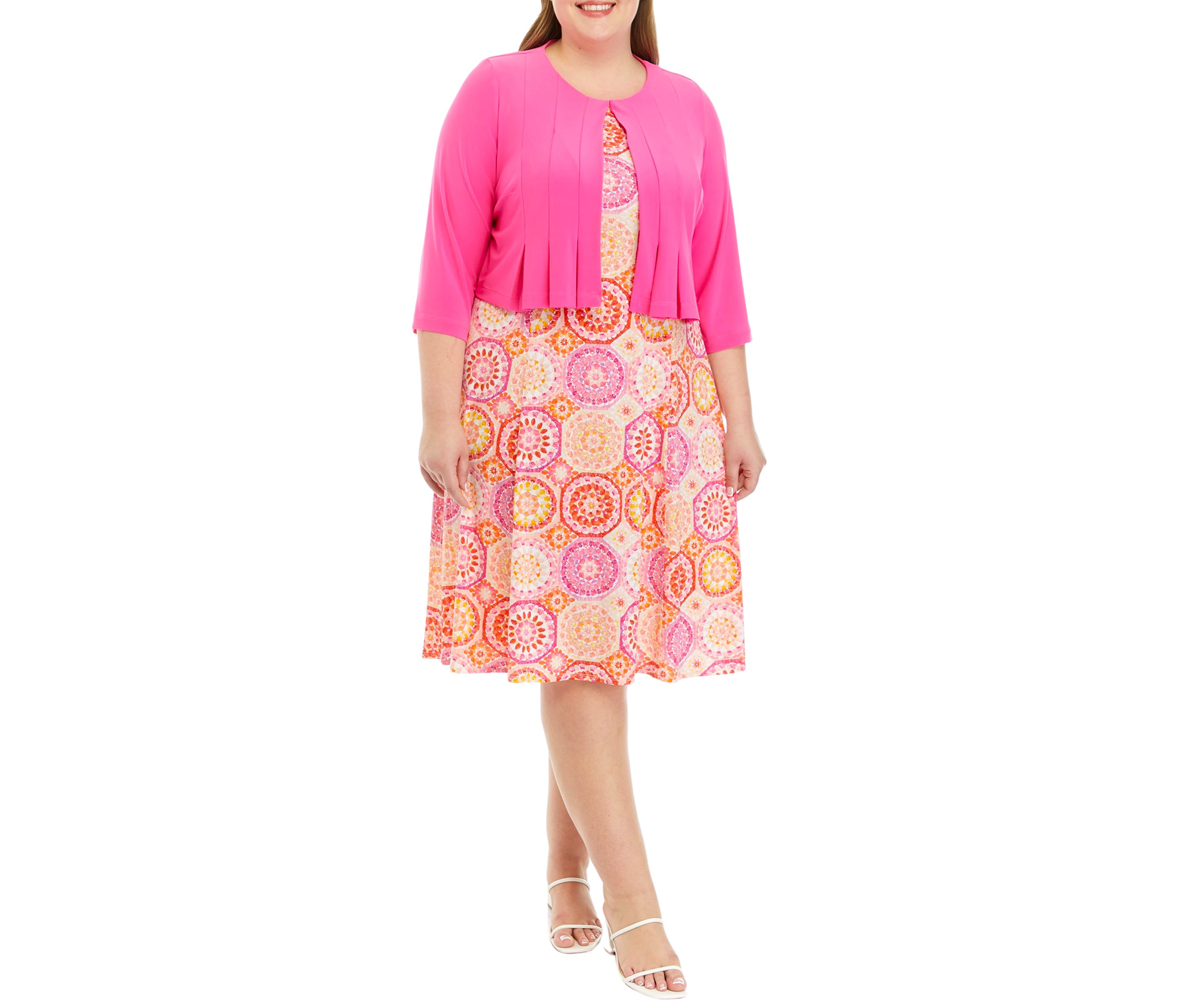 Plus Size 3/4 Sleeve Abstract Print Dress with Jacket
