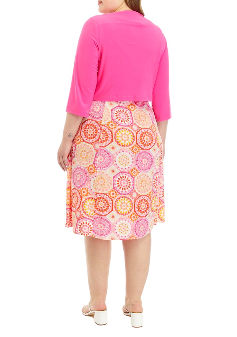 Plus Size 3/4 Sleeve Abstract Print Dress with Jacket