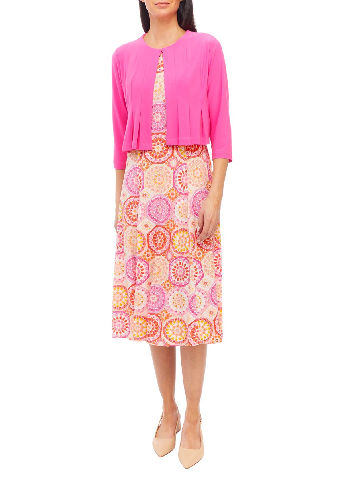 Womens 3/4 Sleeve Medallion Printed Fit and Flare Jacket Dress