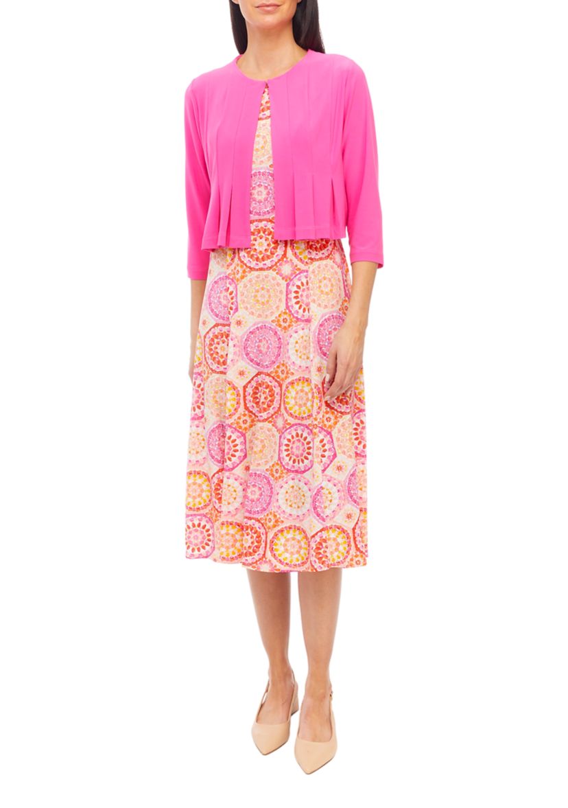 Womens 3/4 Sleeve Medallion Printed Fit and Flare Jacket Dress