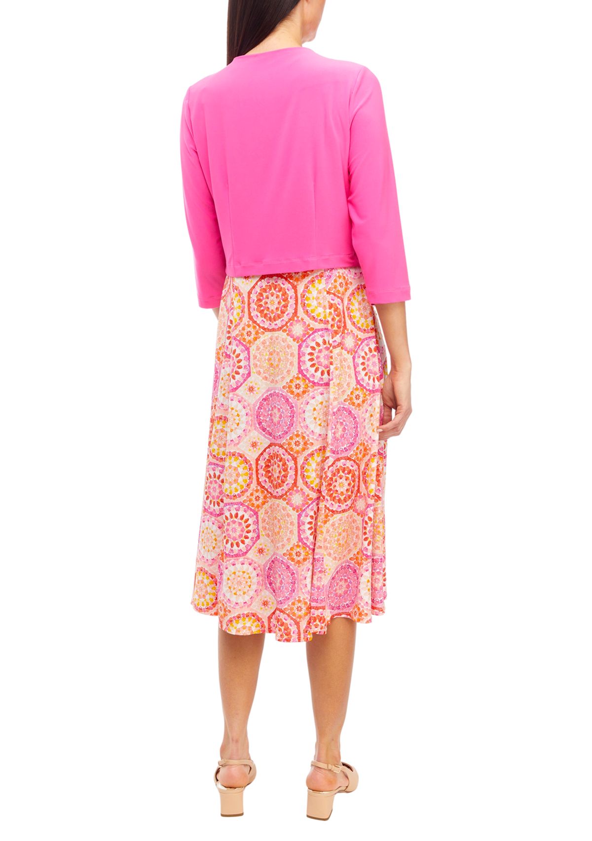 Womens 3/4 Sleeve Medallion Printed Fit and Flare Jacket Dress