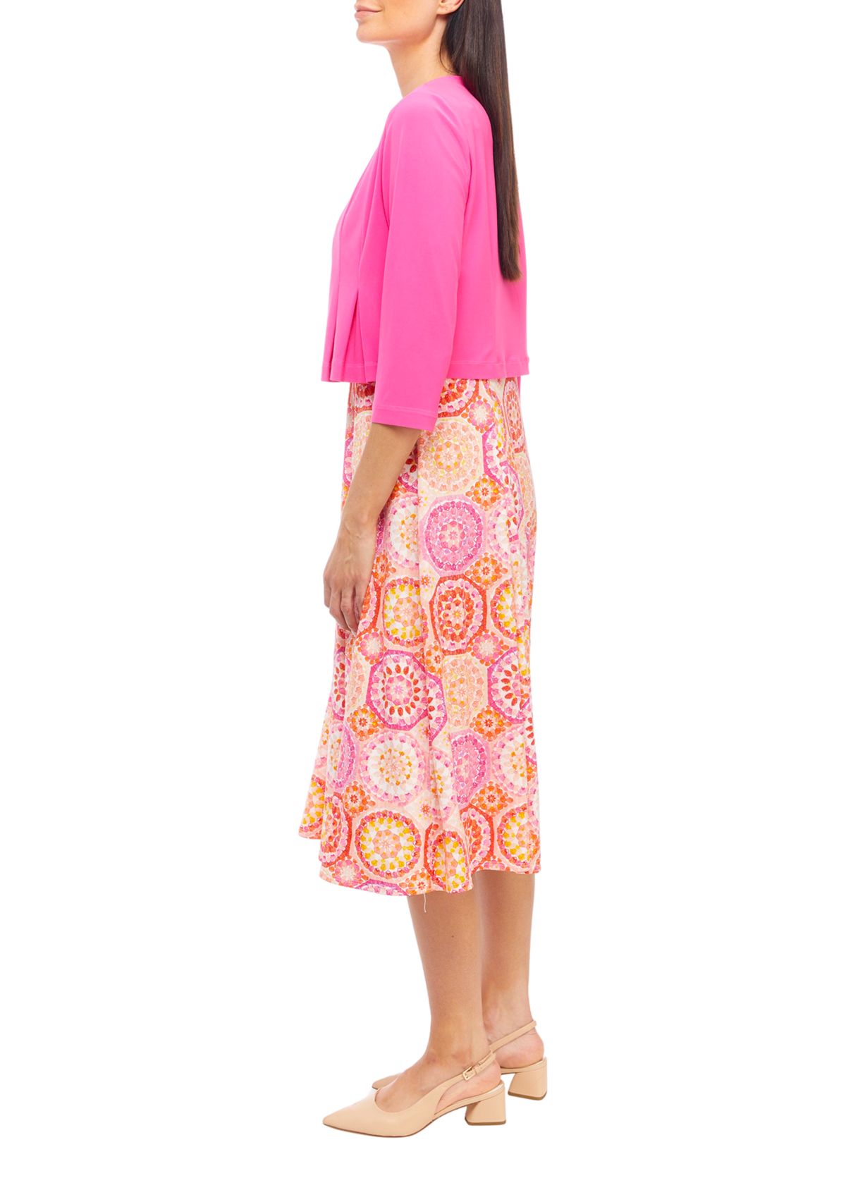 Womens 3/4 Sleeve Medallion Printed Fit and Flare Jacket Dress