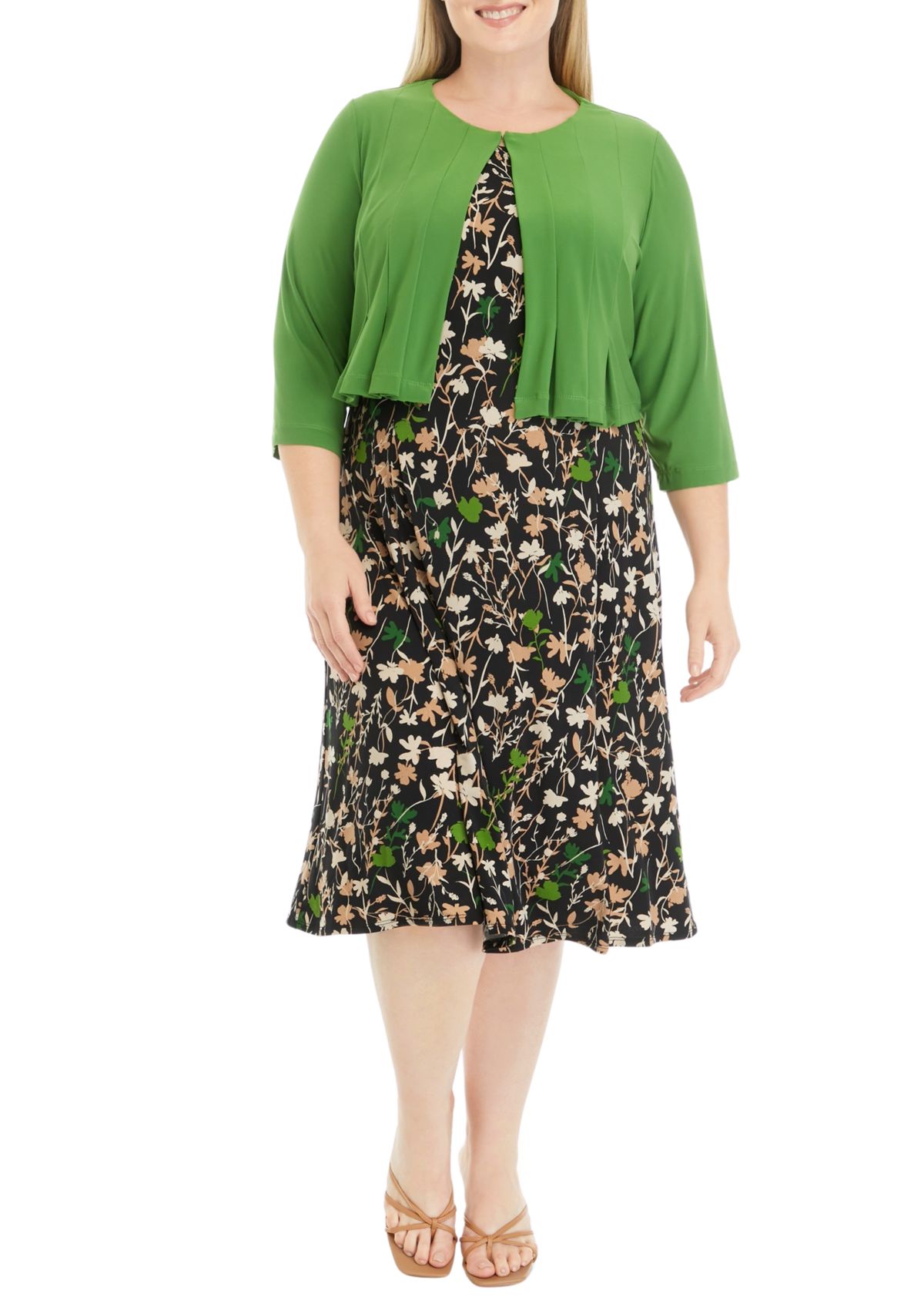 Plus Size 3/4 Sleeve Floral Print Jacket Dress