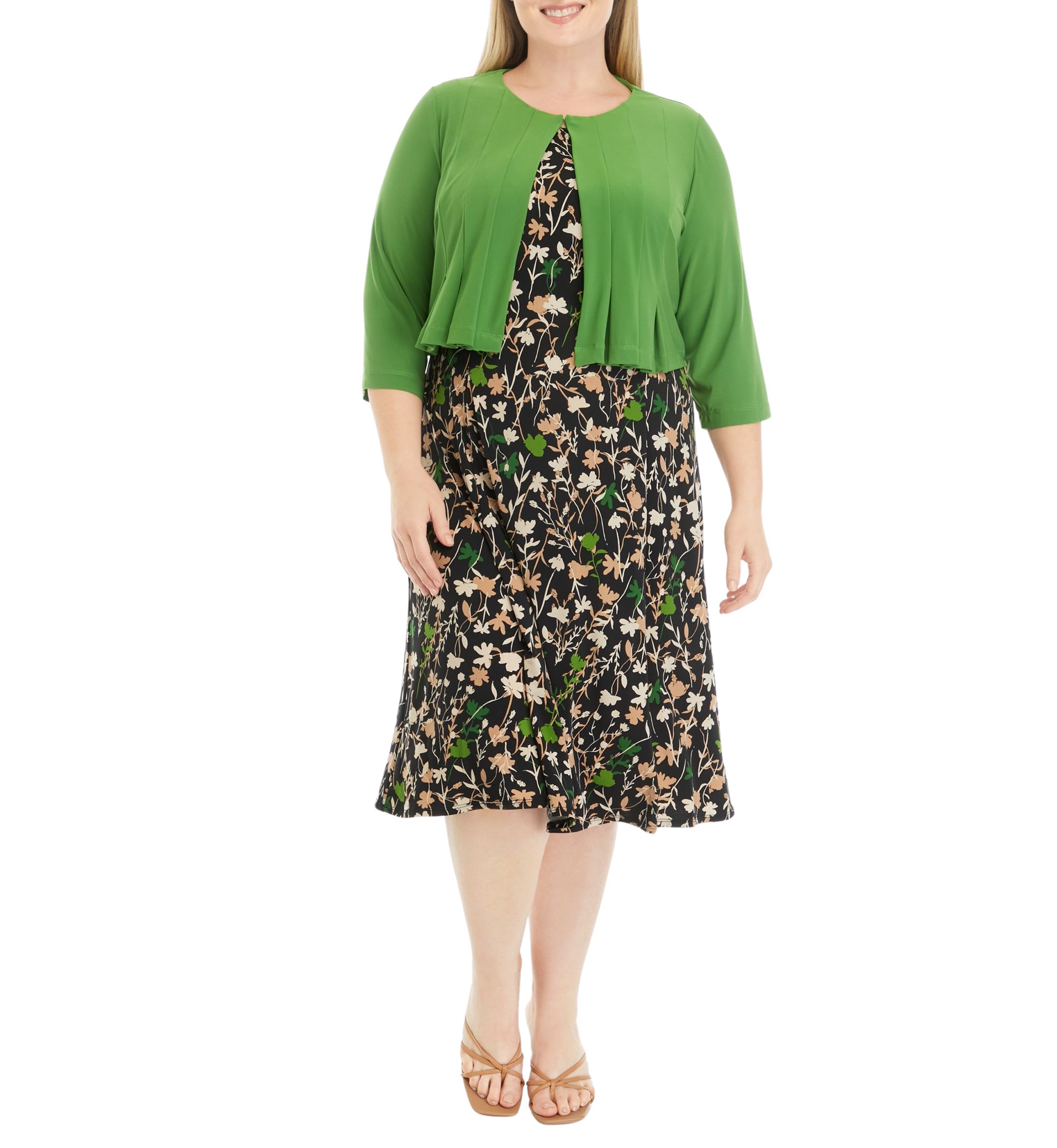 Plus Size 3/4 Sleeve Floral Print Jacket Dress