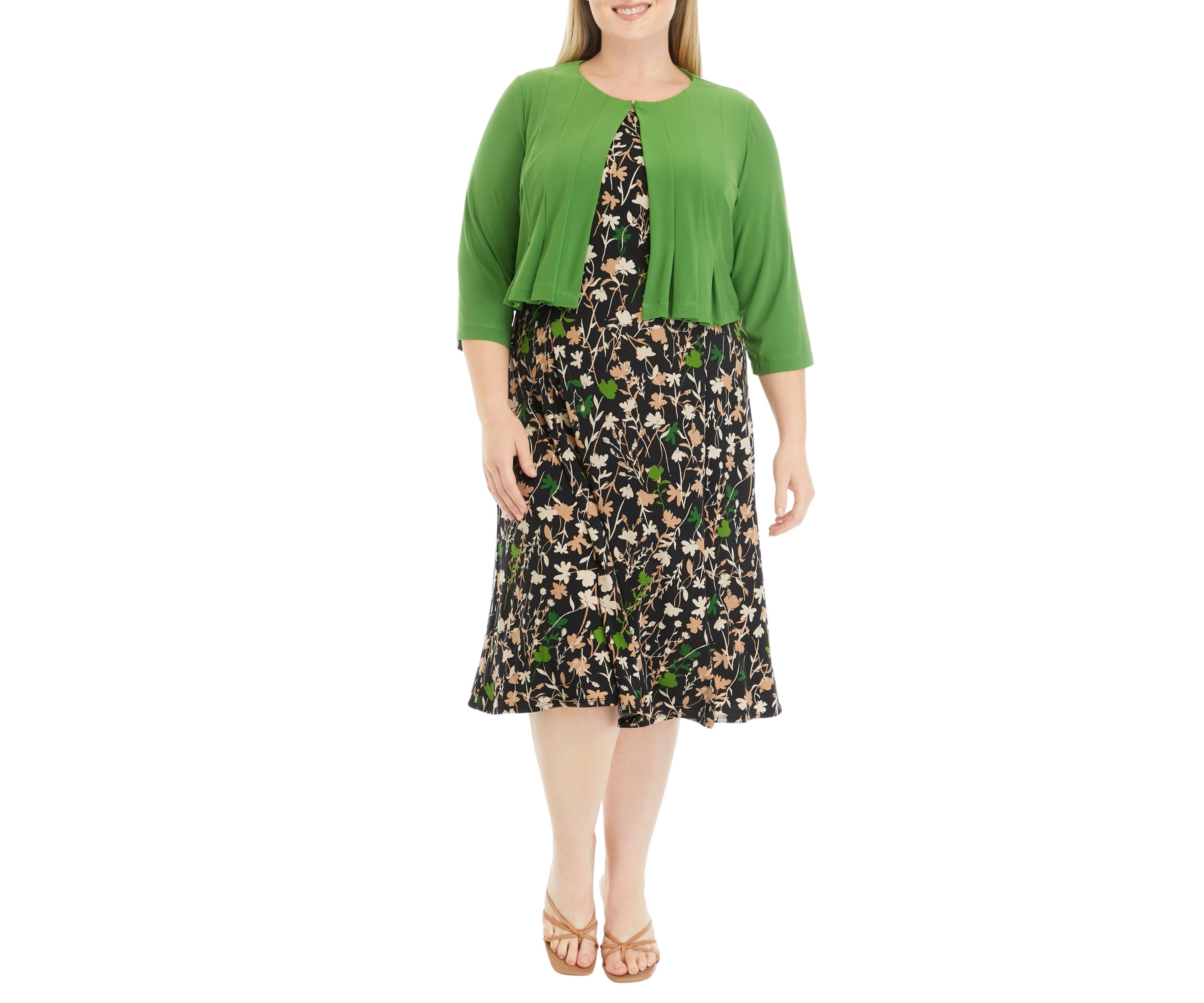 Plus Size 3/4 Sleeve Floral Print Jacket Dress
