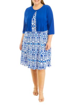 Plus 3/4 Sleeve Printed Fit and Flare Dress with Jacket