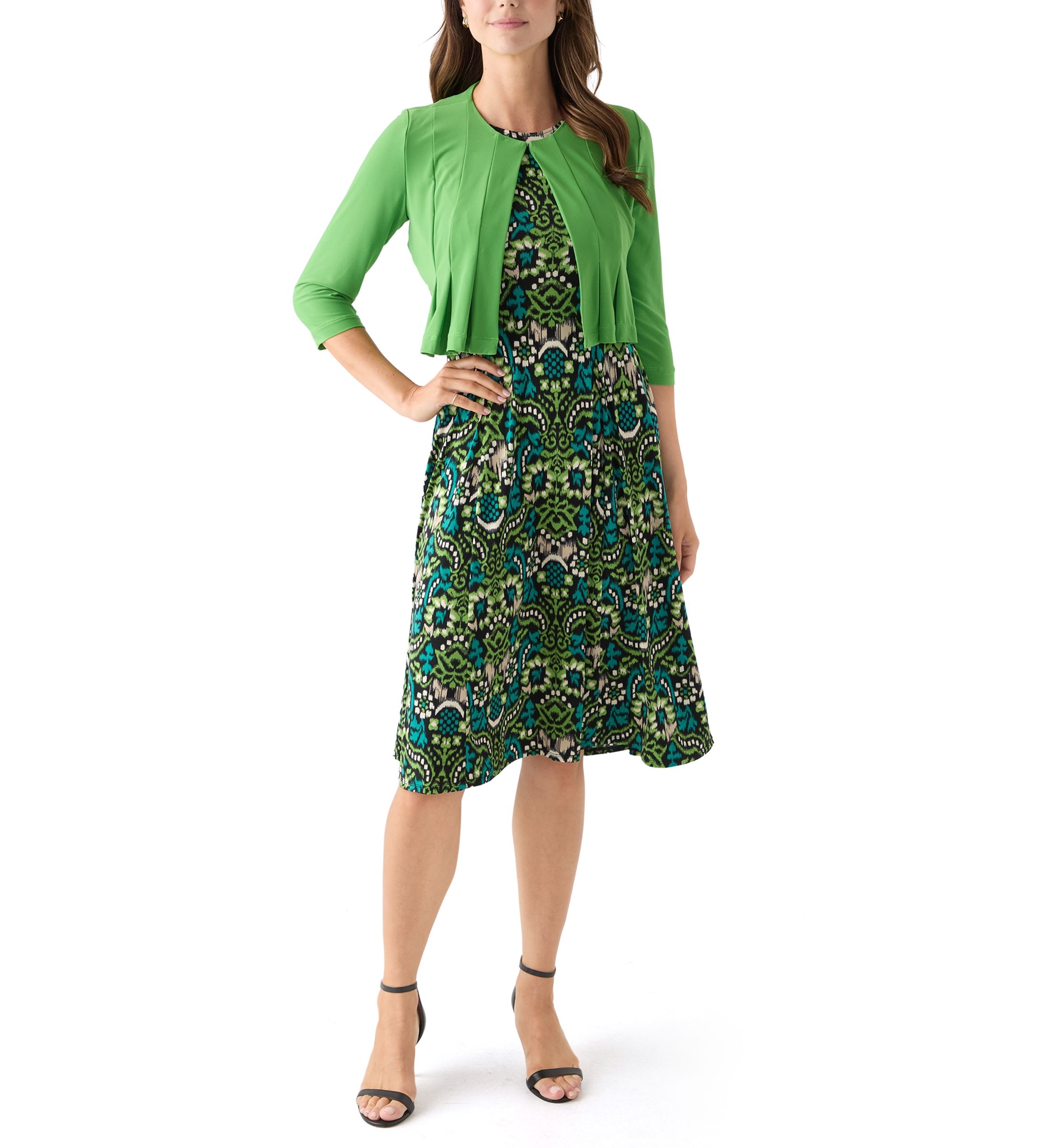 Womens Printed Dress with Three Quarter Sleeve Jacket Set