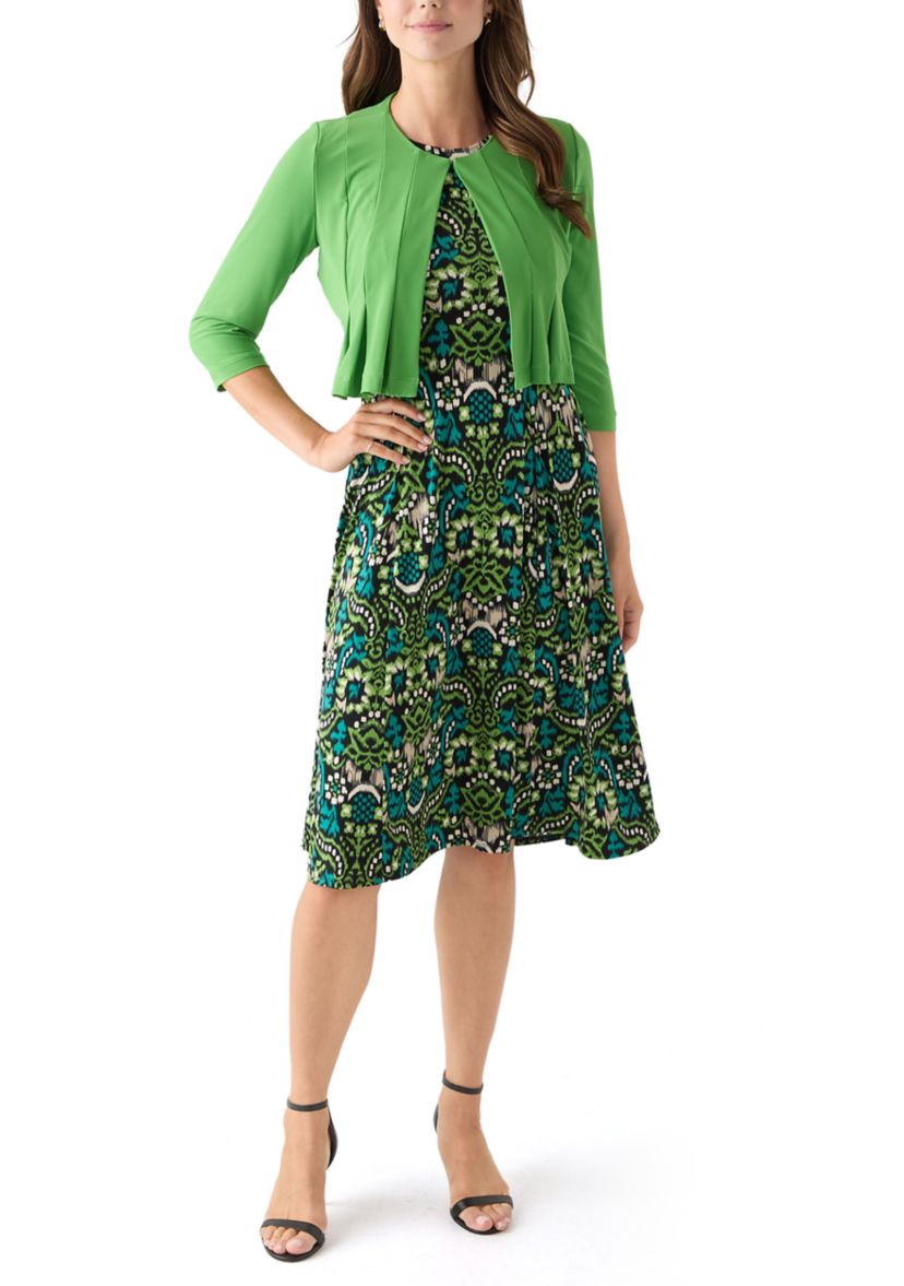 Womens Printed Dress with Three Quarter Sleeve Jacket Set