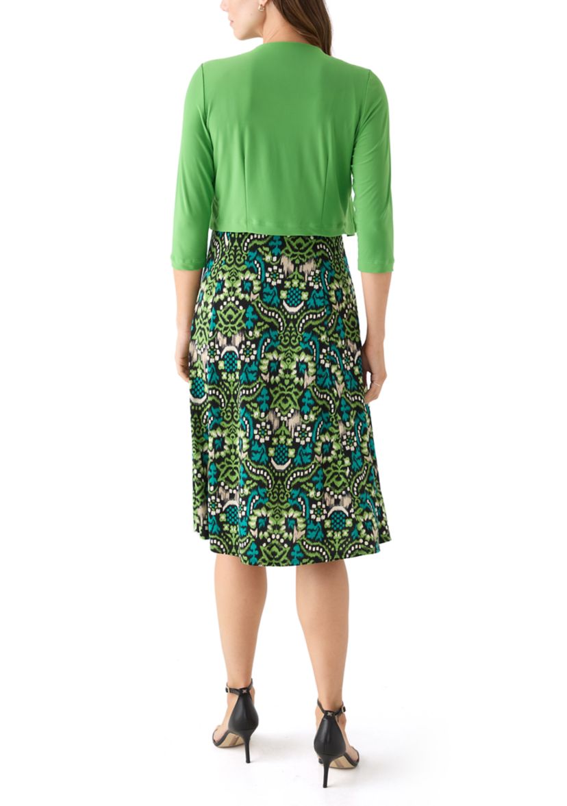 Womens Printed Dress with Three Quarter Sleeve Jacket Set