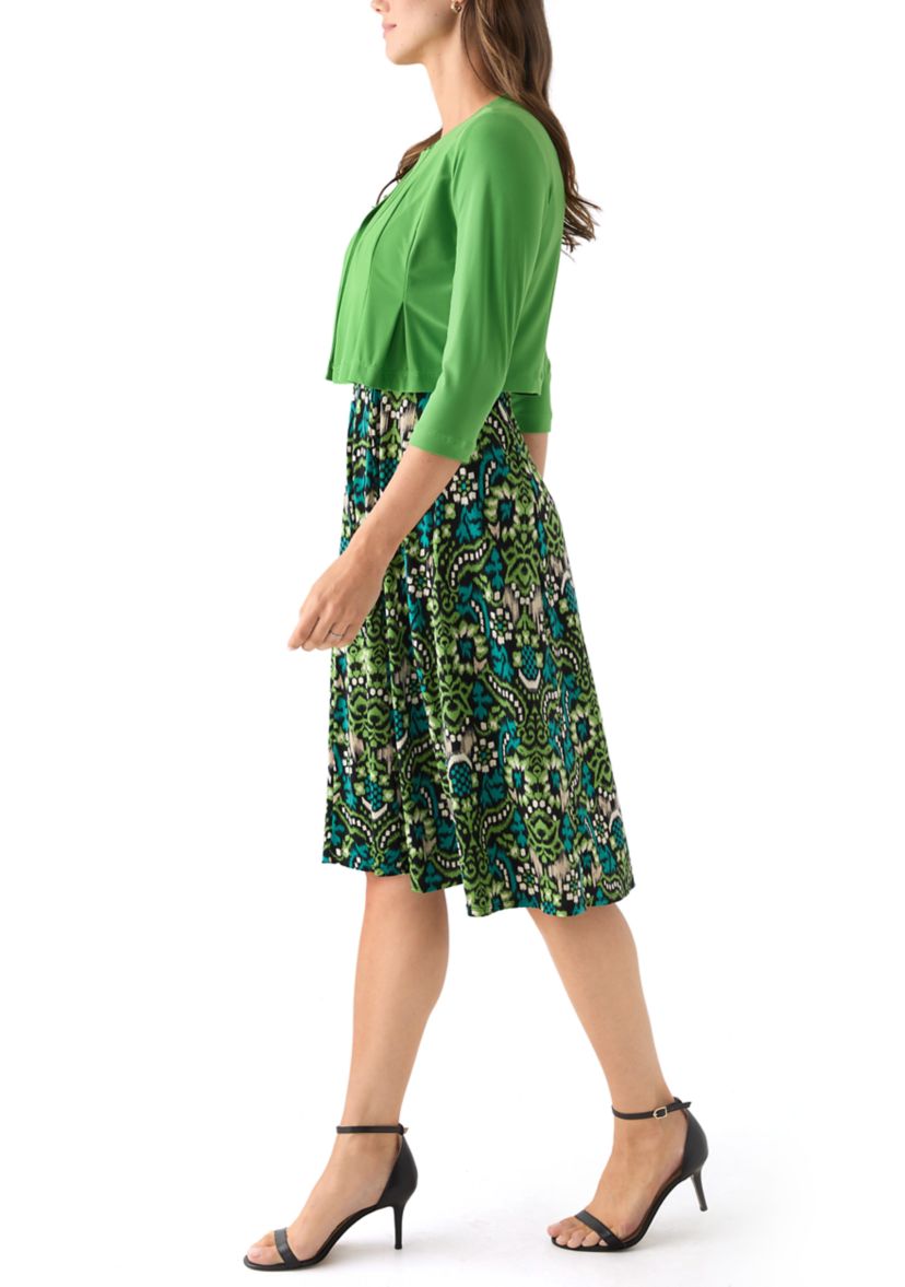 Womens Printed Dress with Three Quarter Sleeve Jacket Set