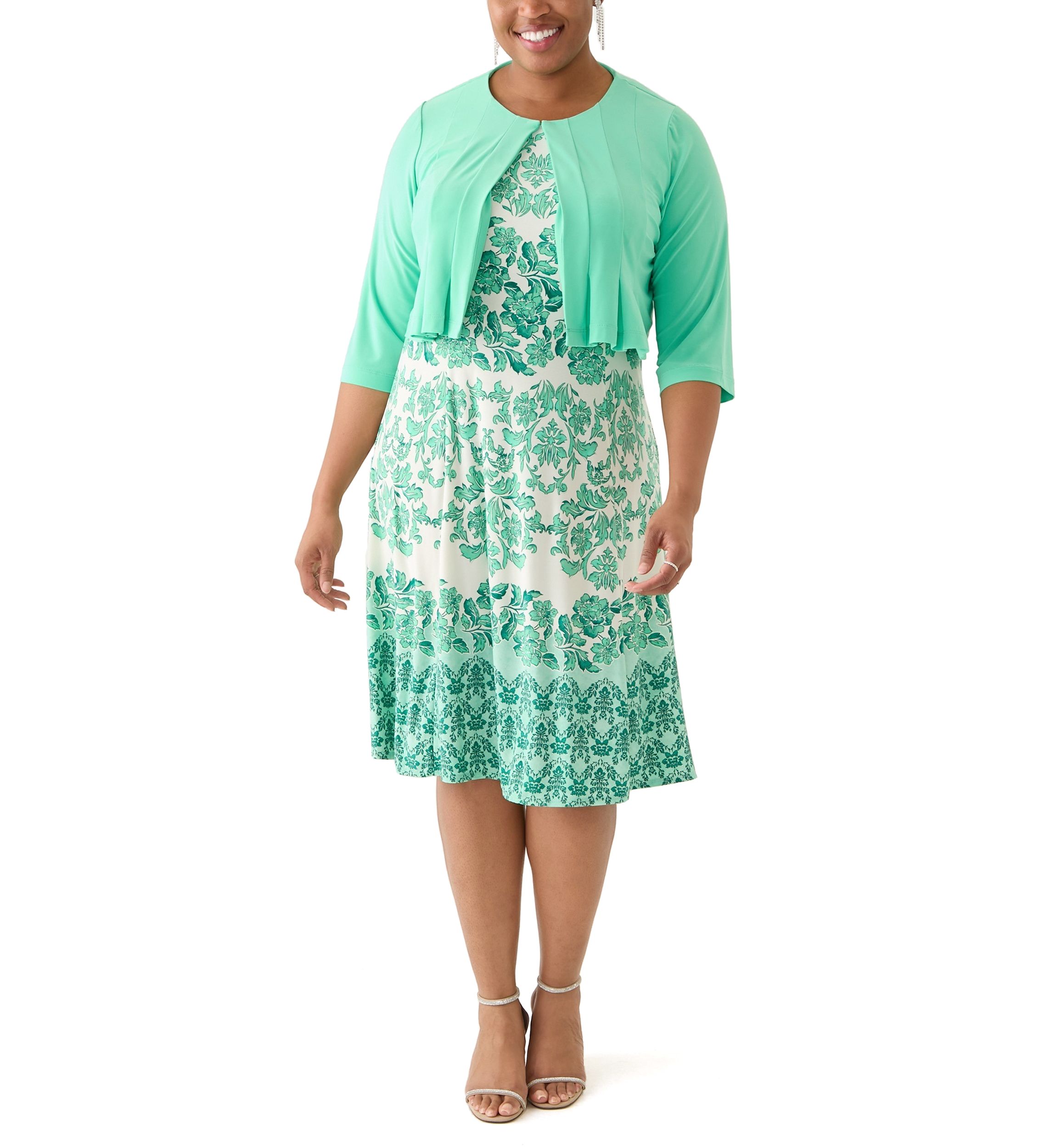 Plus Size Printed Dress and Solid Jacket Set
