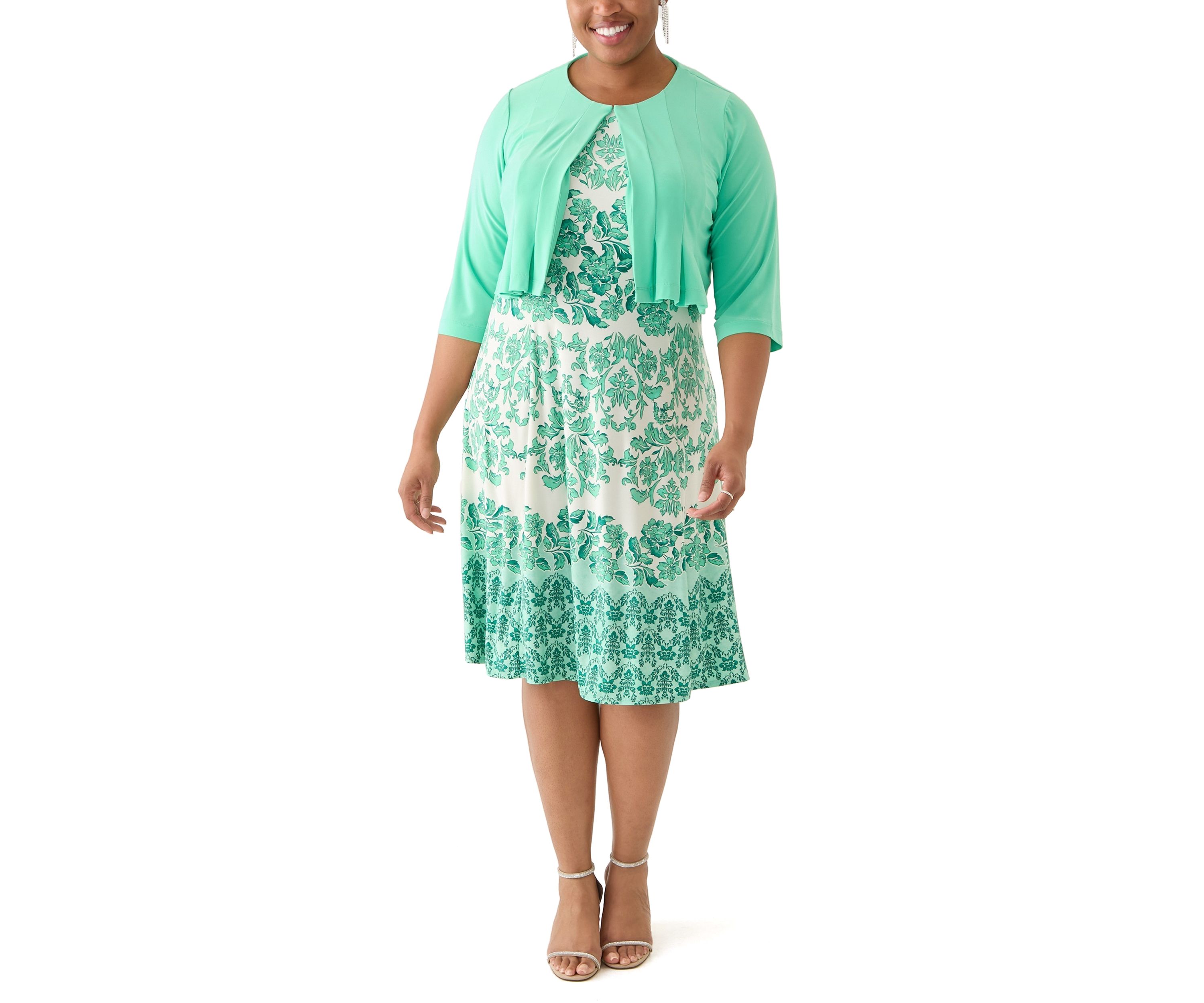 Plus Size Printed Dress and Solid Jacket Set