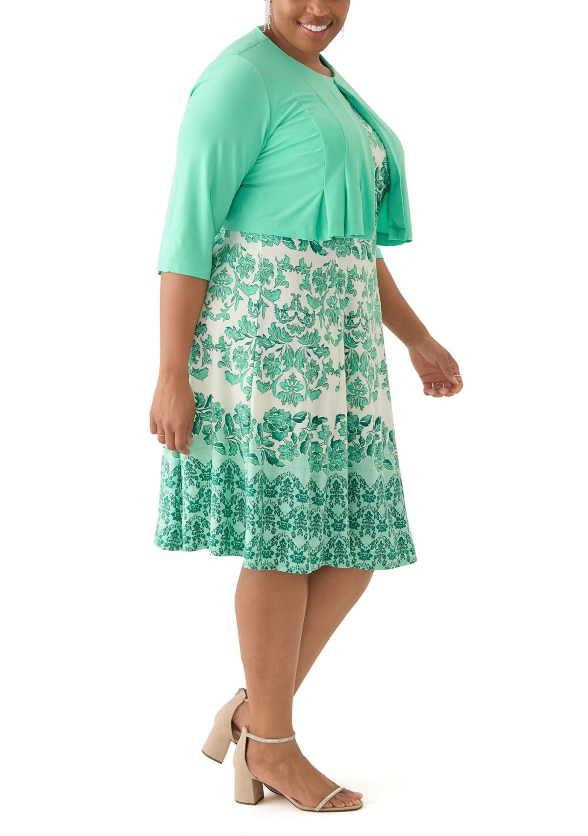 Plus Size Printed Dress and Solid Jacket Set