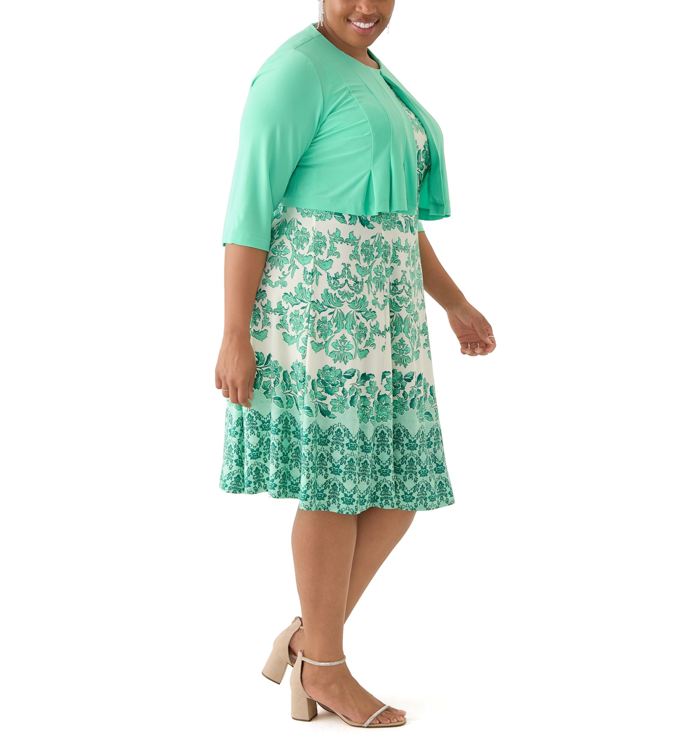 Plus Size Printed Dress and Solid Jacket Set