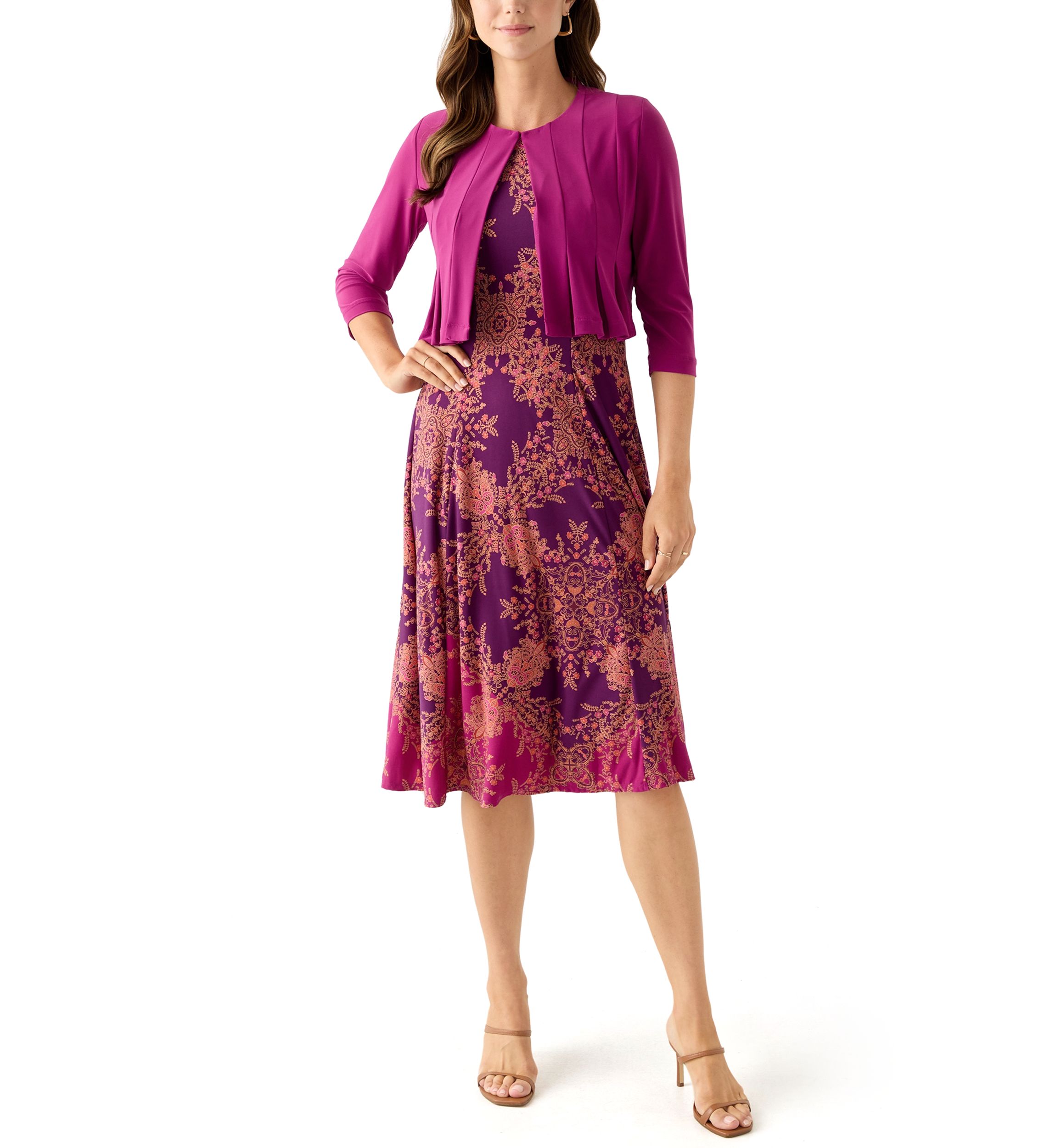 Womens Printed Dress with Three Quarter Sleeve Jacket Set