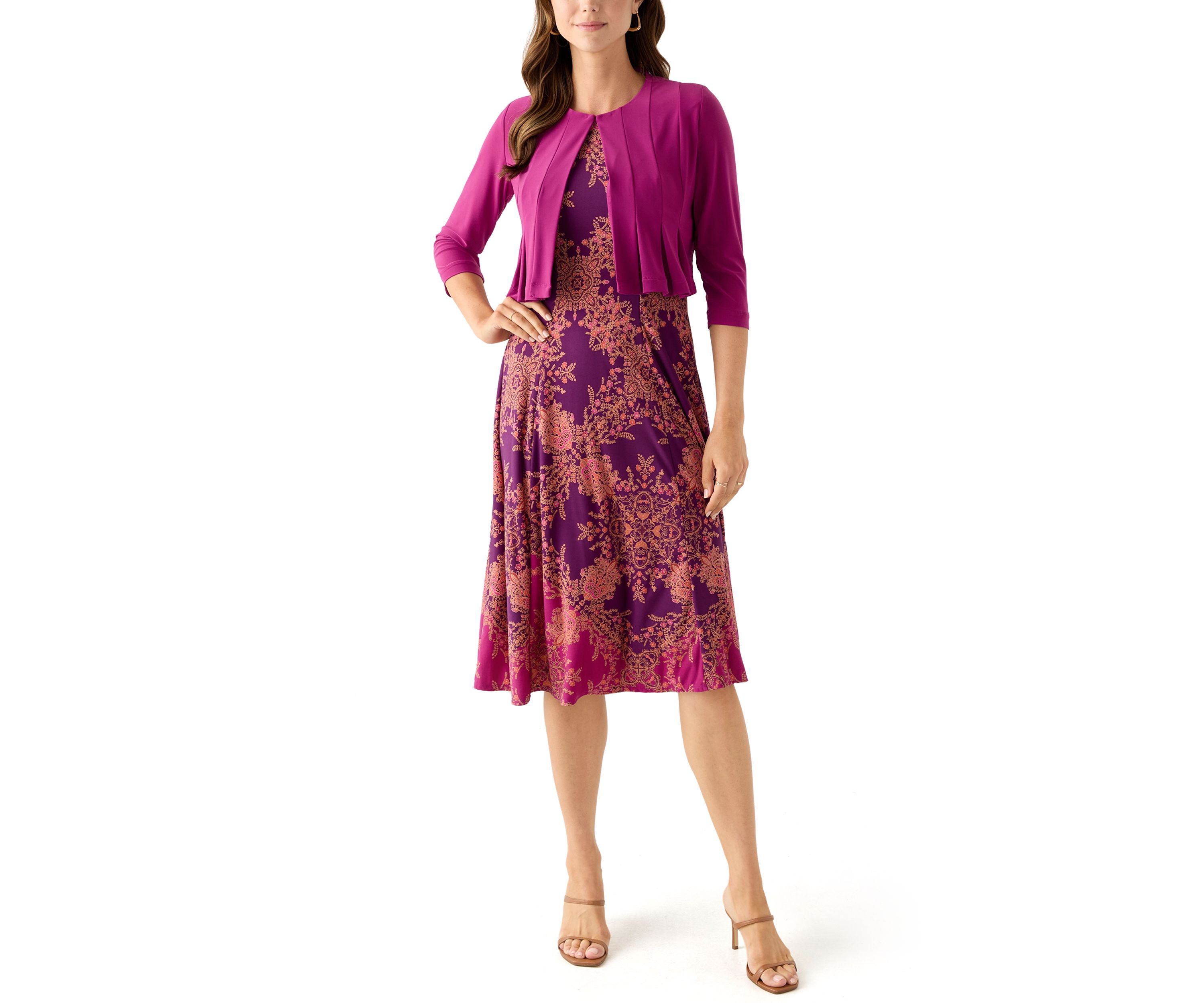 Womens Printed Dress with Three Quarter Sleeve Jacket Set