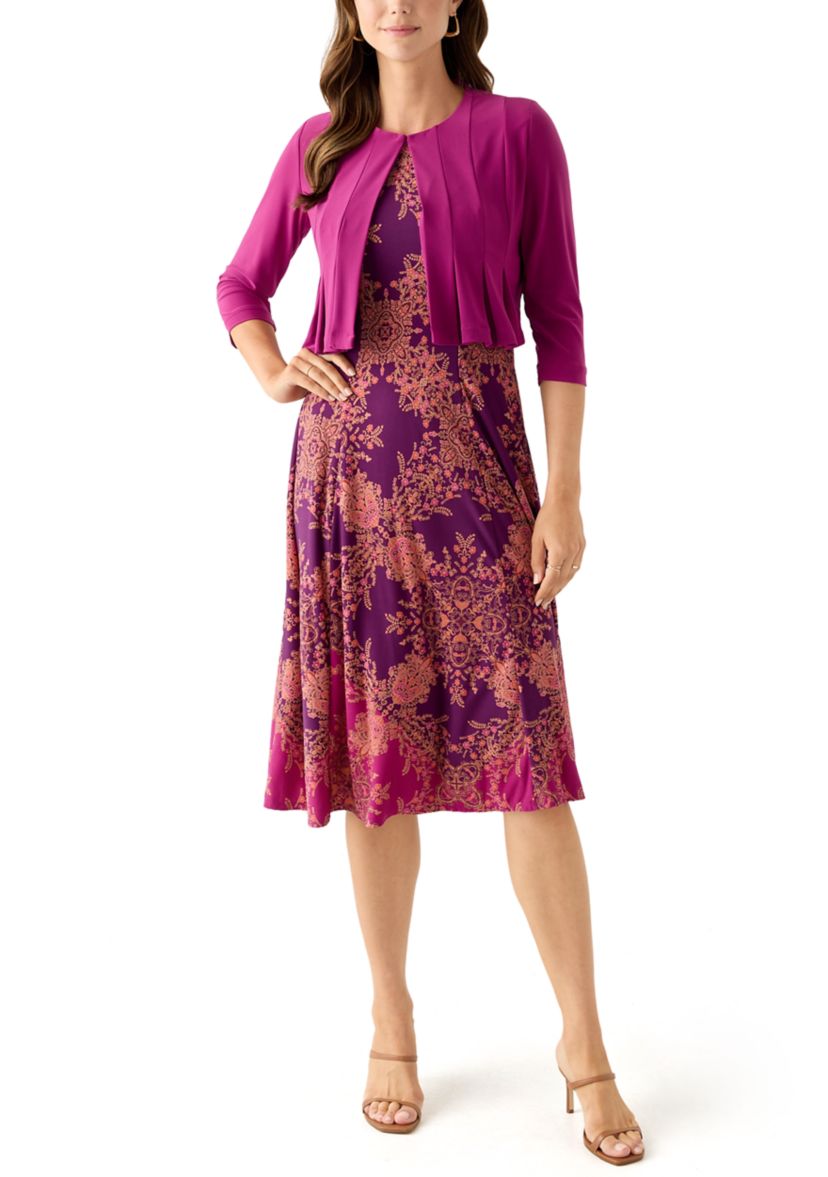 Womens Printed Dress with Three Quarter Sleeve Jacket Set