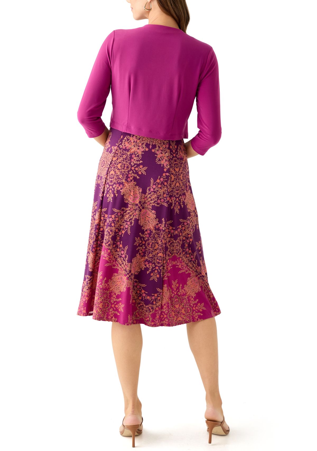 Womens Printed Dress with Three Quarter Sleeve Jacket Set