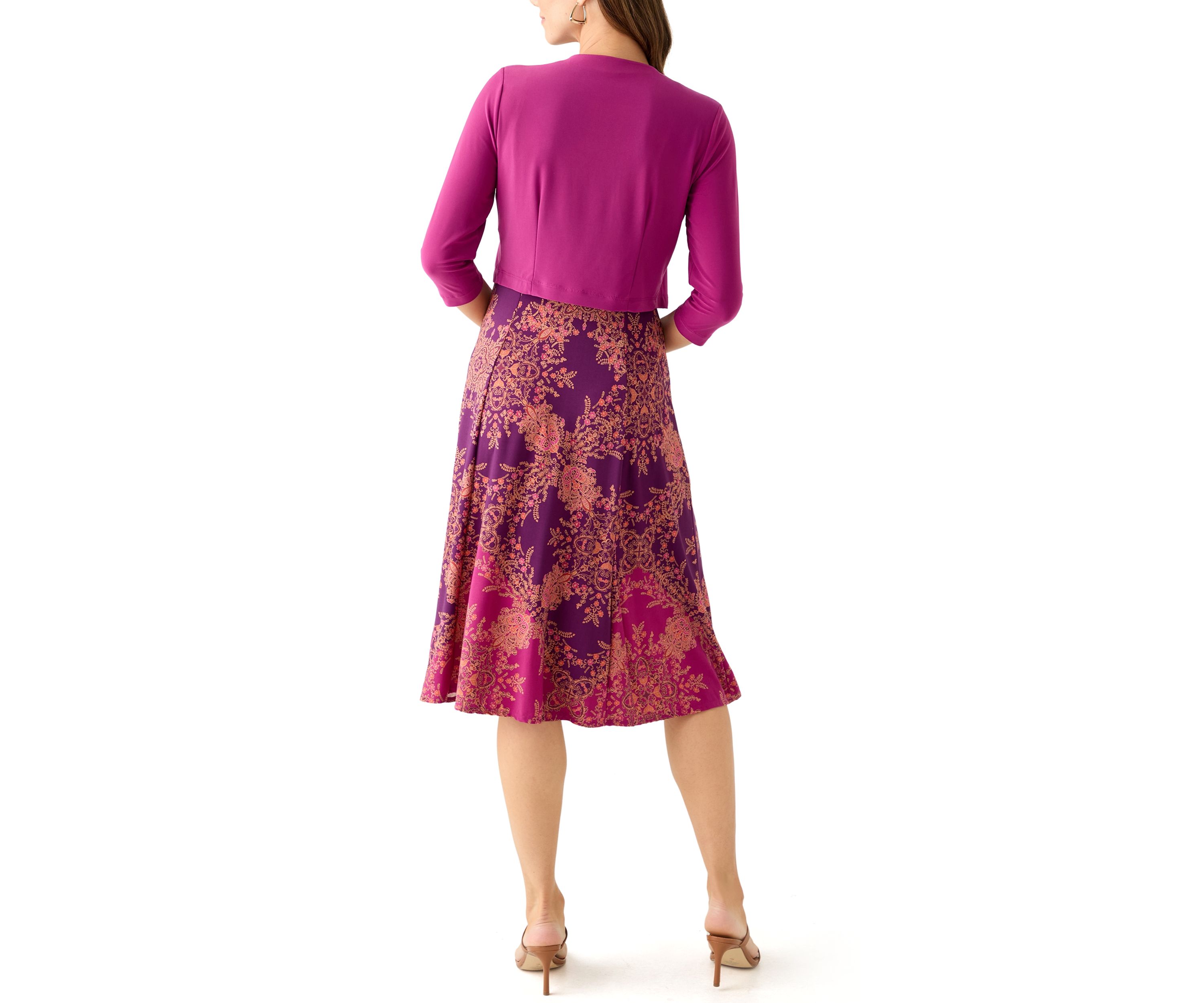 Womens Printed Dress with Three Quarter Sleeve Jacket Set